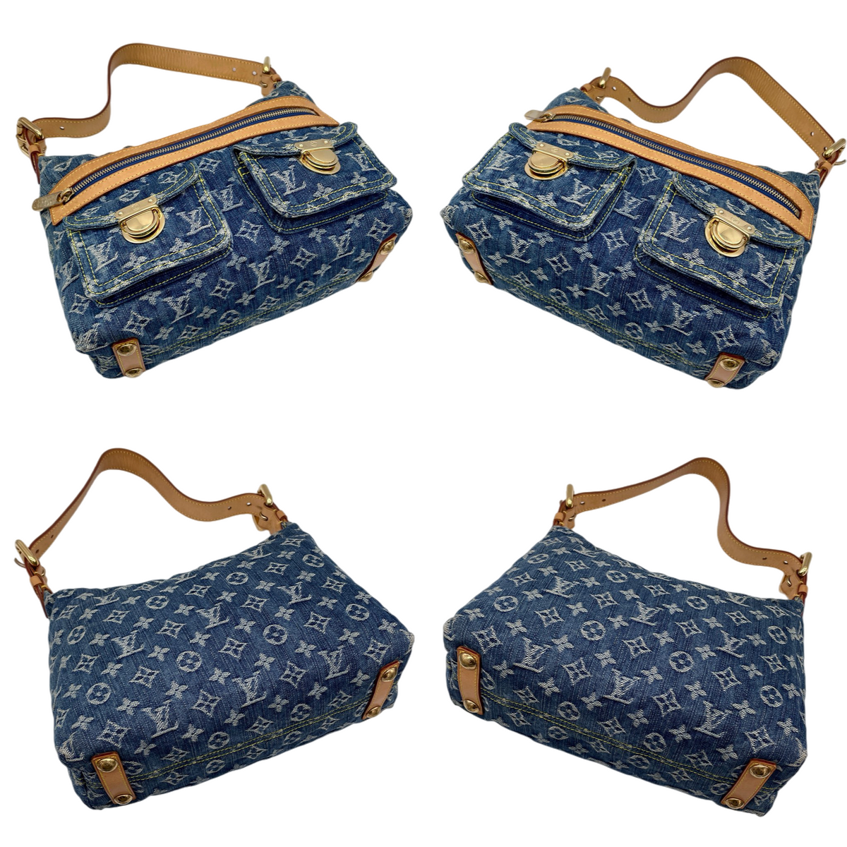 RARE★★★★LOUIS VUITTON 2005 Monogram Denim Leather Baggy Shoulder Bag M95049 PM Blue Brown