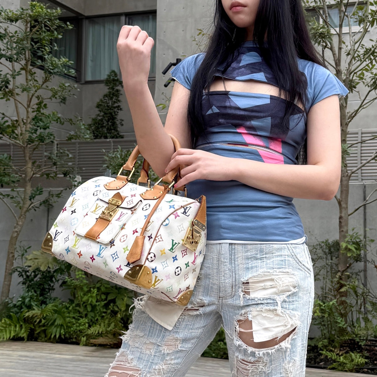 RARE★★★★LOUIS VUITTON 2009 Speedy M92643 White Multicolor PVC and Leather Boston Top Handle Bag Medium White Brown