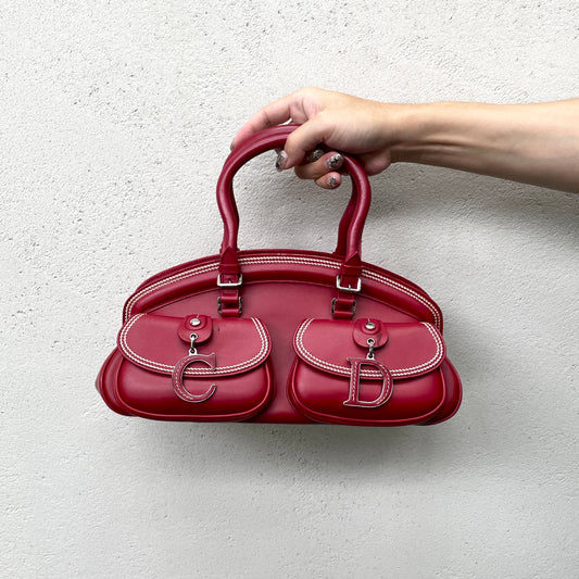 RARE☆☆☆☆CHRISTIAN DIOR 2005 FW Paris Leather CD Detective Satchel Hand Bag Red &amp; Silver