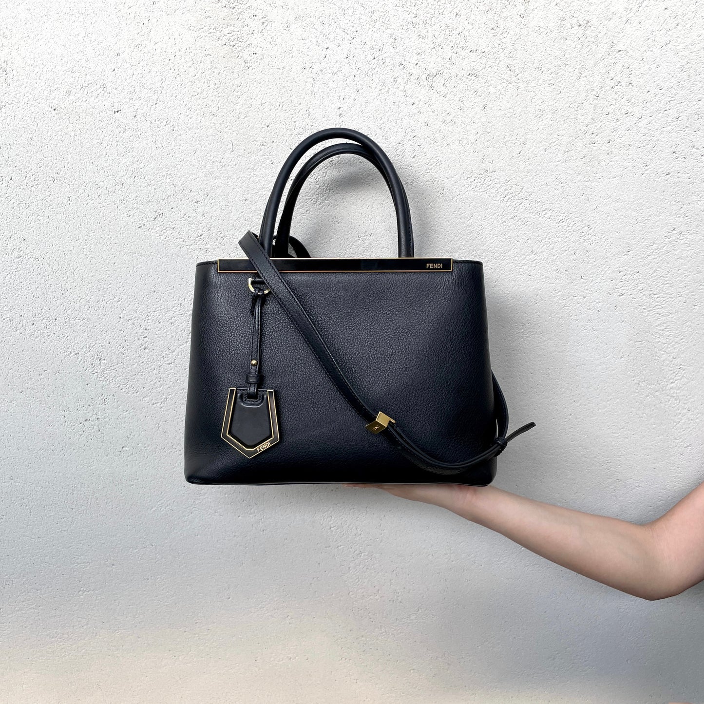 FENDI Petit 2Jours Leather 2Way Tote Hand Bag Black &amp; Gold