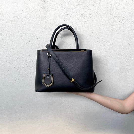FENDI Petit 2Jours Leather 2Way Tote Hand Bag Black &amp; Gold