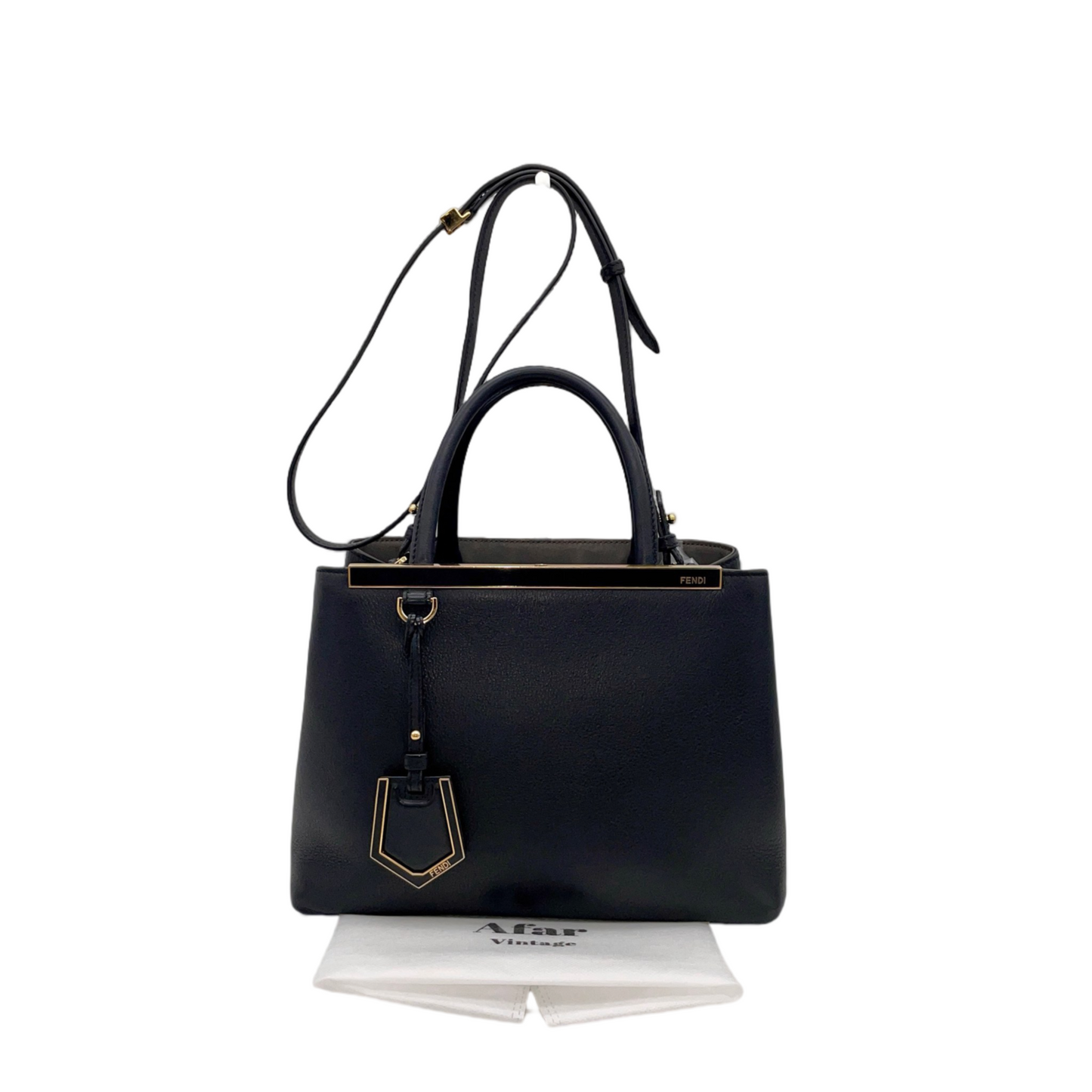 FENDI Petit 2Jours Leather 2Way Tote Hand Bag Black &amp; Gold