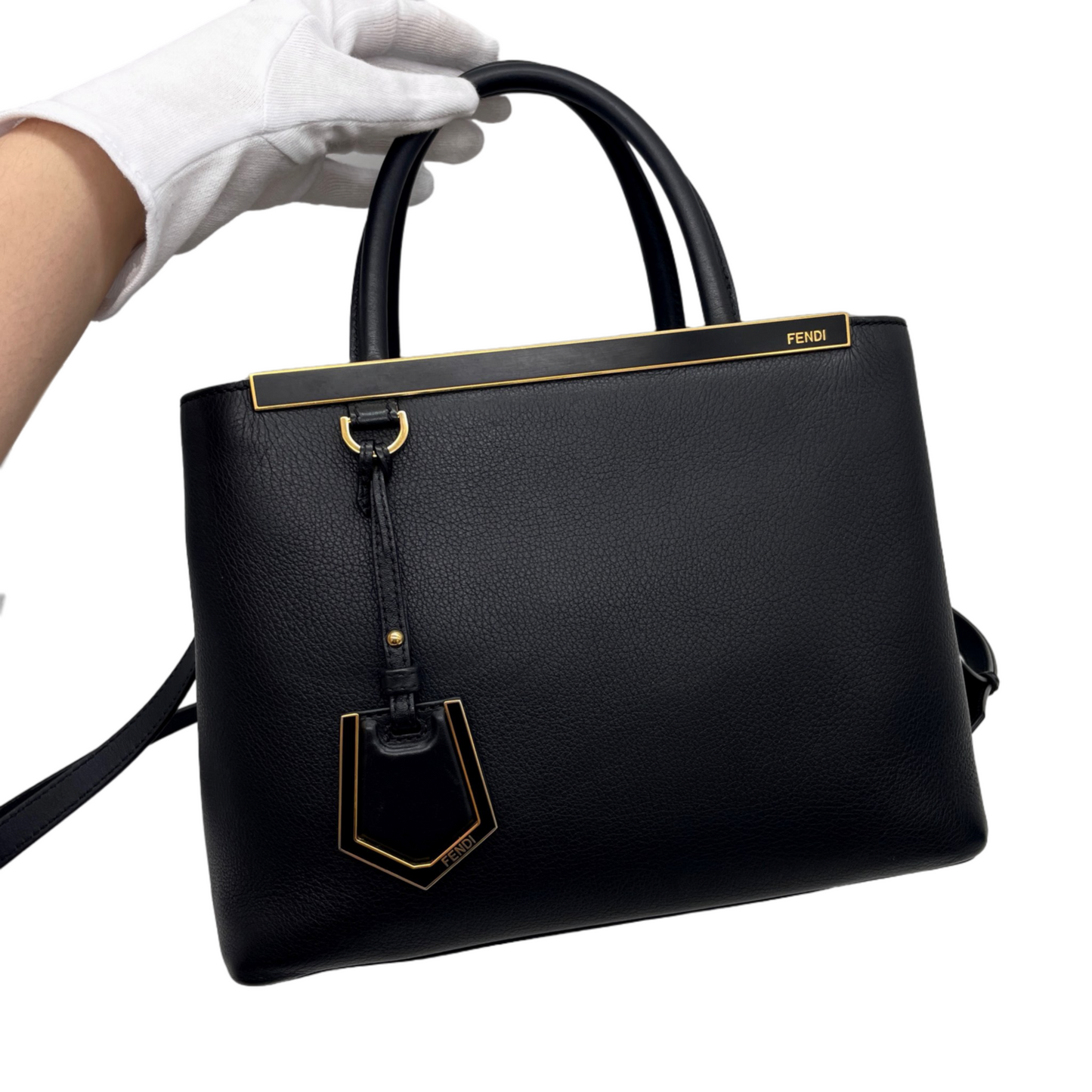 FENDI Petit 2Jours Leather 2Way Tote Hand Bag Black &amp; Gold