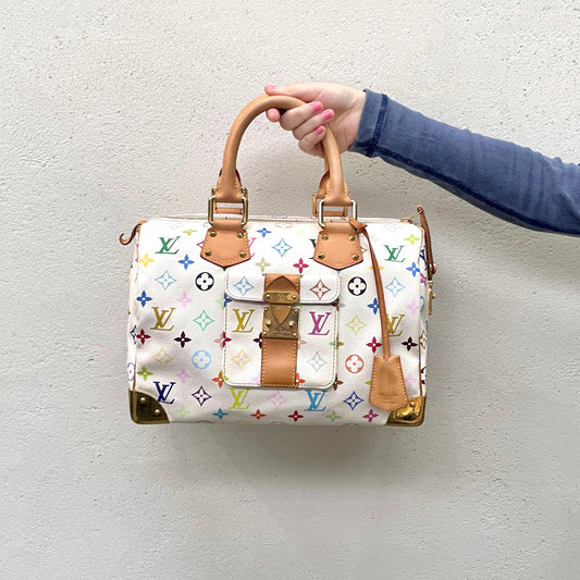 RARE★★★★LOUIS VUITTON 2009 Speedy M92643 White Multicolor PVC and Leather Boston Top Handle Bag Medium White Brown