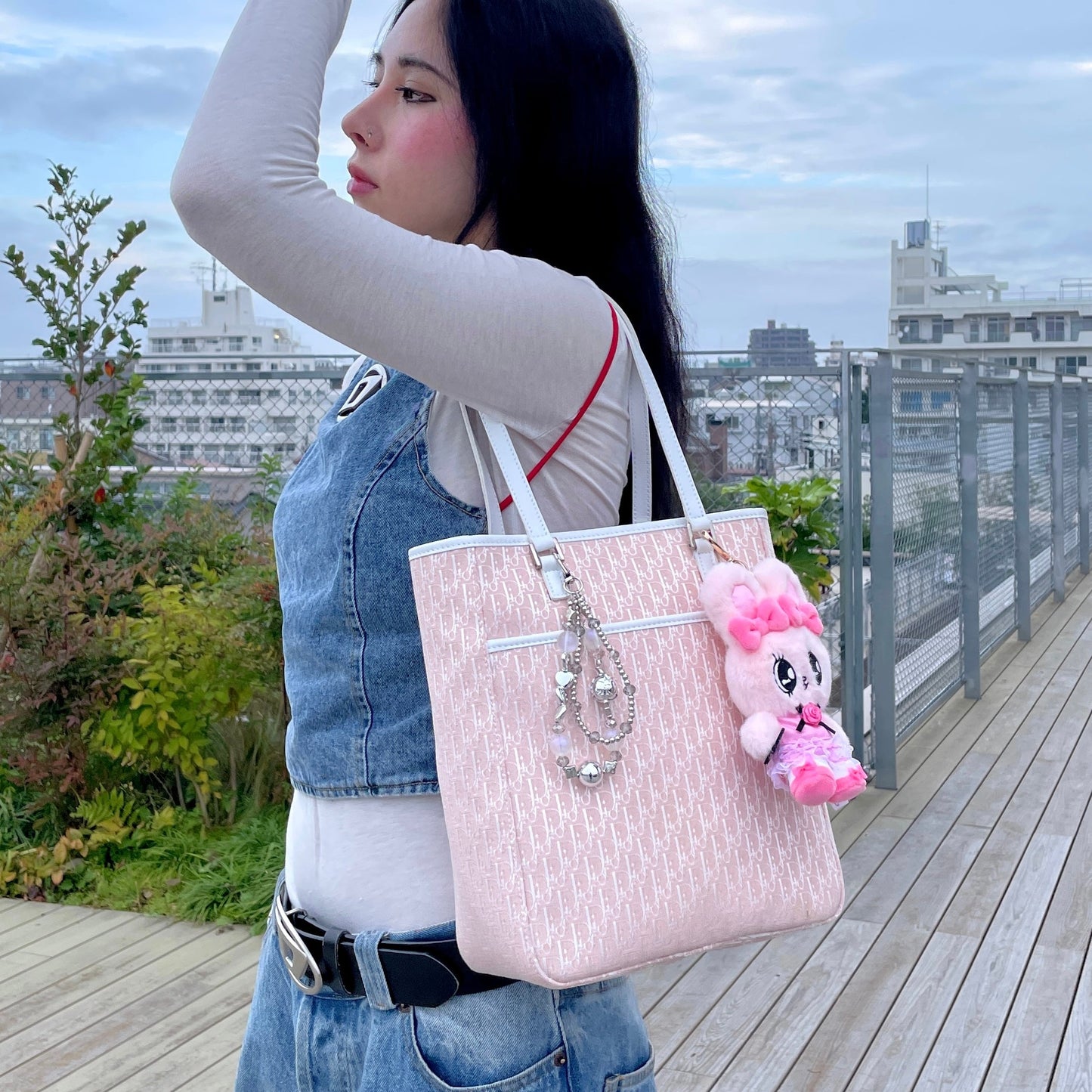 CHRISTIAN DIOR Trotter Canvas Shoulder Tote Bag Pink &amp; White