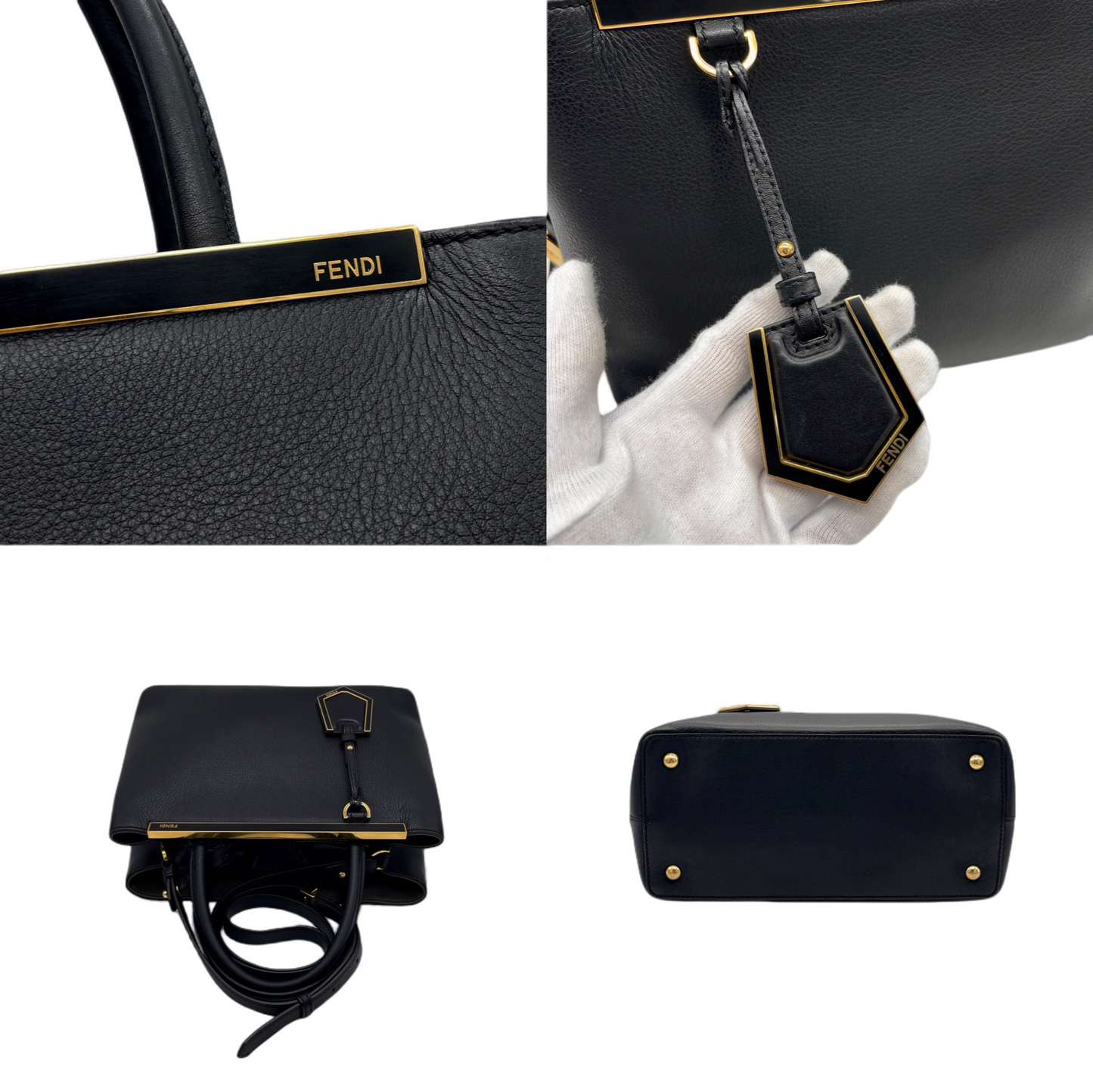 FENDI Petit 2Jours Leather 2Way Tote Hand Bag Black &amp; Gold