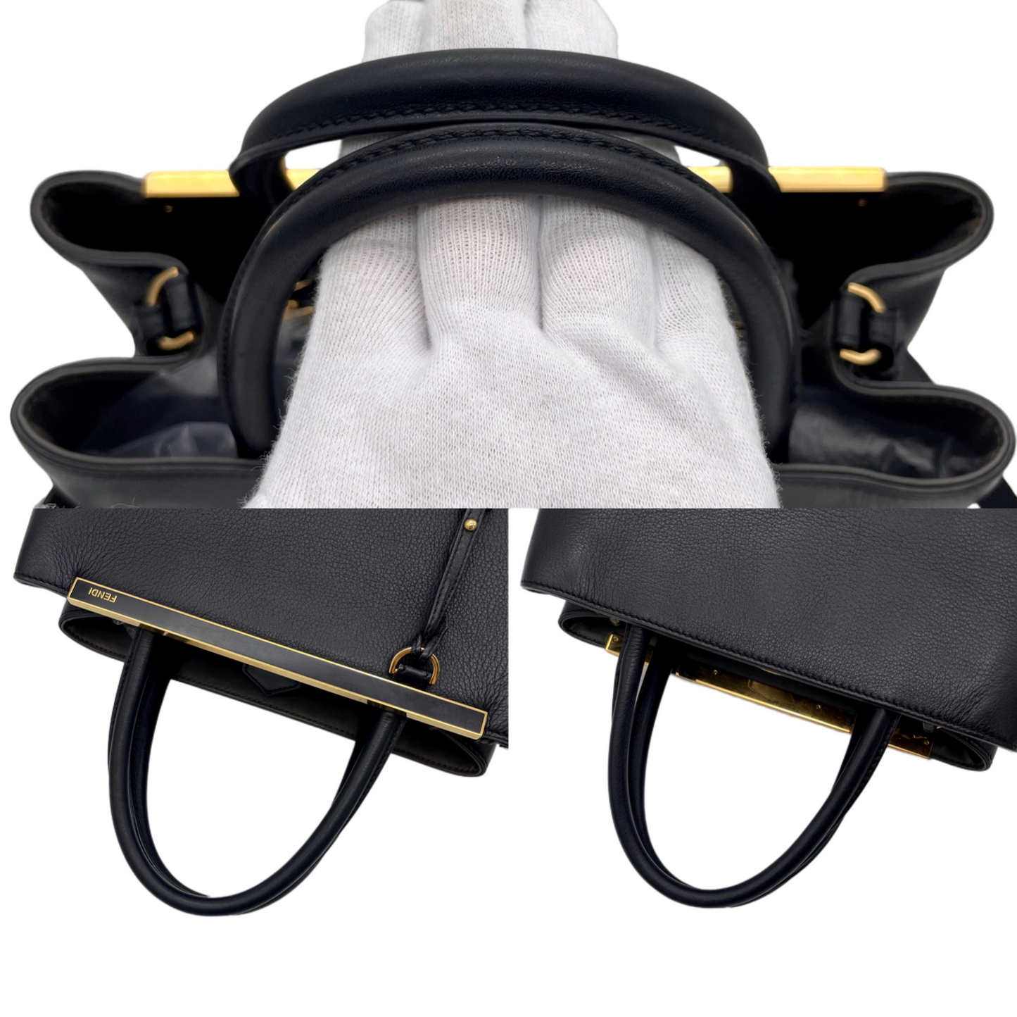 FENDI Petit 2Jours Leather 2Way Tote Hand Bag Black &amp; Gold