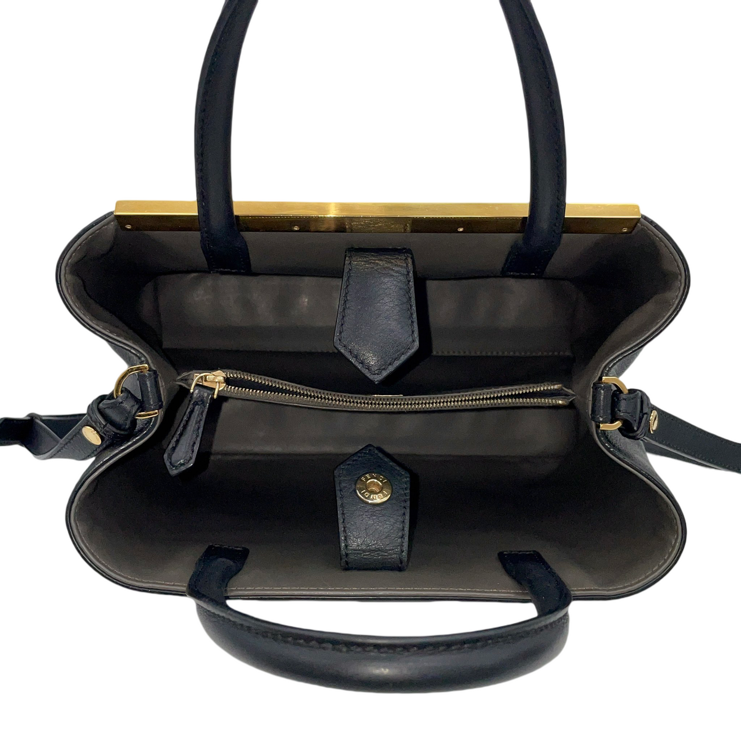 FENDI Petit 2Jours Leather 2Way Tote Hand Bag Black &amp; Gold