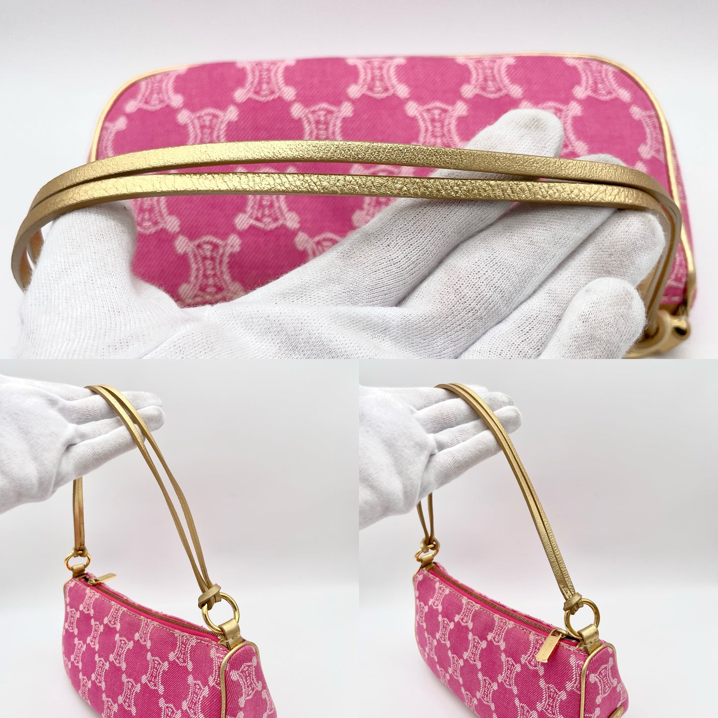 RARE☆☆☆CELINE Macadam Pink Denim Accessory Pouch Shoulder Bag Gold Leather