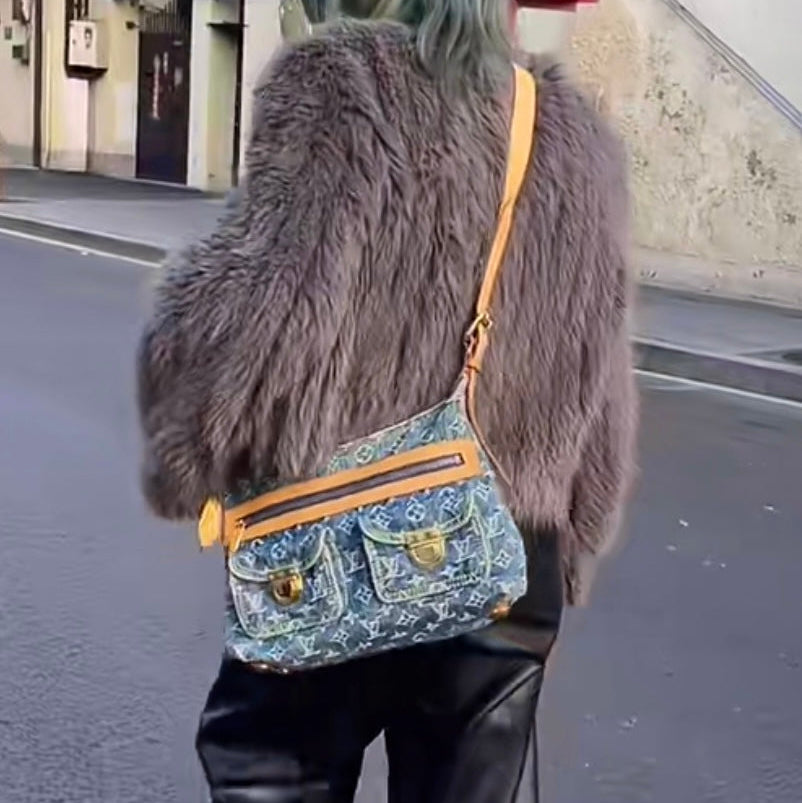 RARE☆☆☆☆LOUIS VUITTON 2005 Monogram Denim Baggy PM M95049 Shoulder Bag Blue &amp; Brown