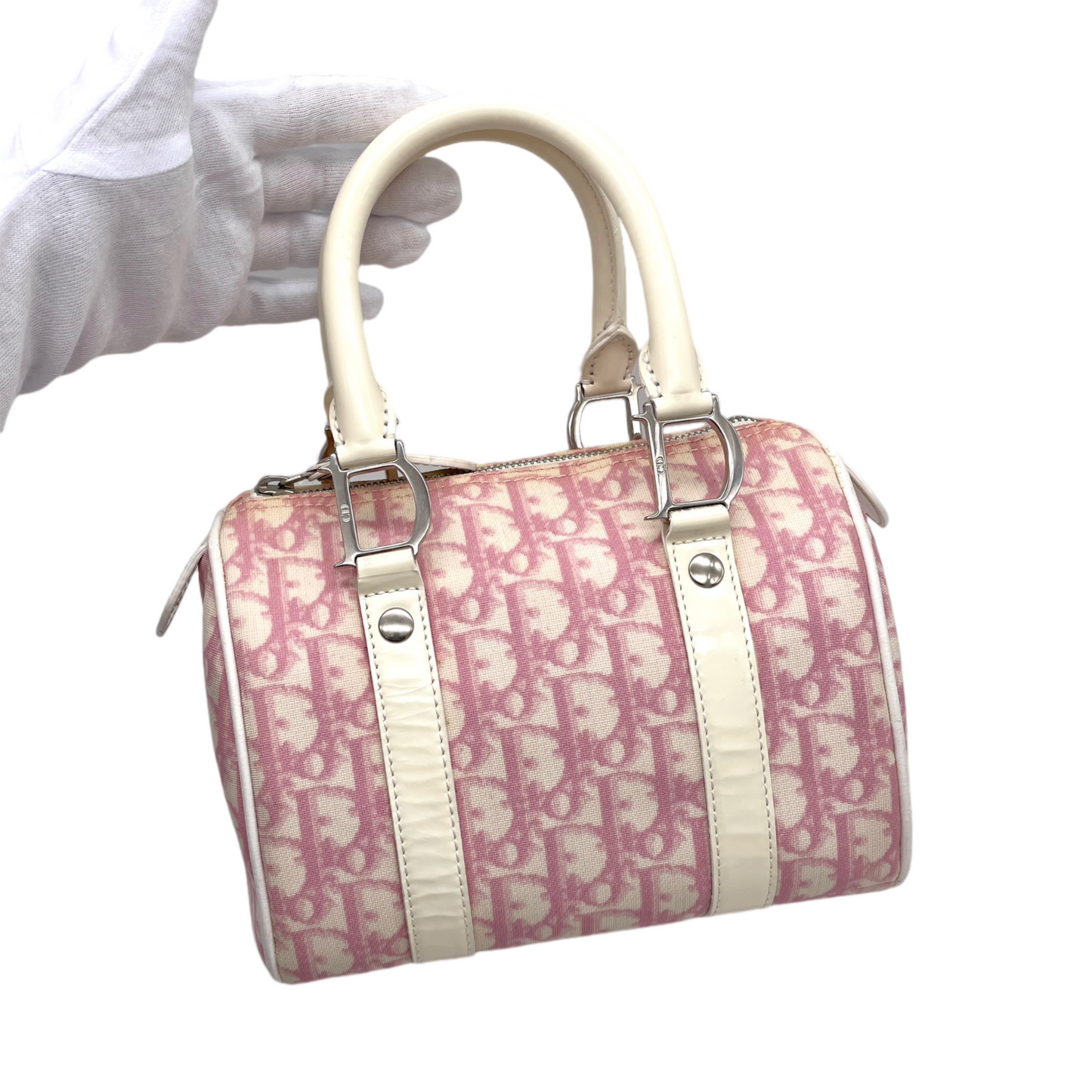 PRELOVED RARE☆☆☆☆CHRISTIAN DIOR 2004 Trotter PVC Mini Boston Hand Bag SHW Pink &amp; White