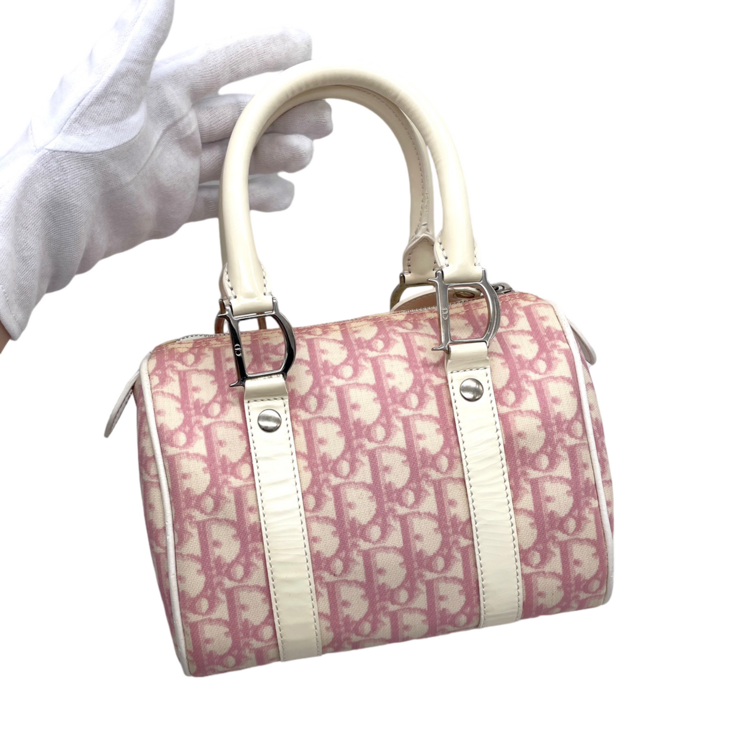 PRELOVED RARE☆☆☆☆CHRISTIAN DIOR 2004 Trotter PVC Mini Boston Hand Bag SHW Pink &amp; White