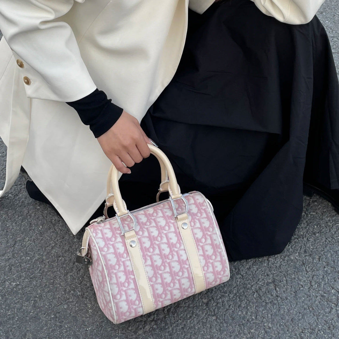 PRELOVED RARE☆☆☆☆CHRISTIAN DIOR 2004 Trotter PVC Mini Boston Hand Bag SHW Pink &amp; White