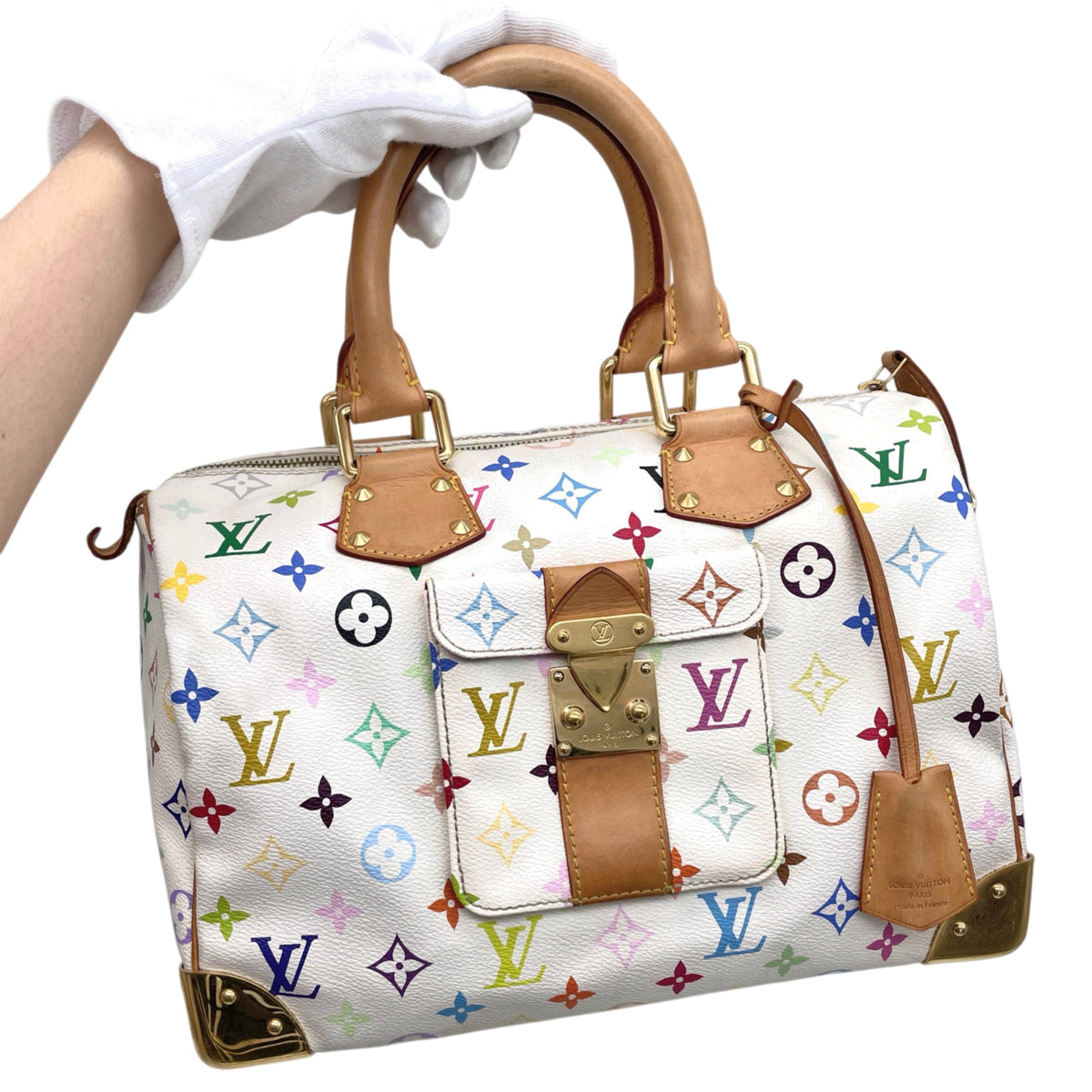 RARE★★★★LOUIS VUITTON 2009 Speedy M92643 White Multicolor PVC and Leather Boston Top Handle Bag Medium White Brown