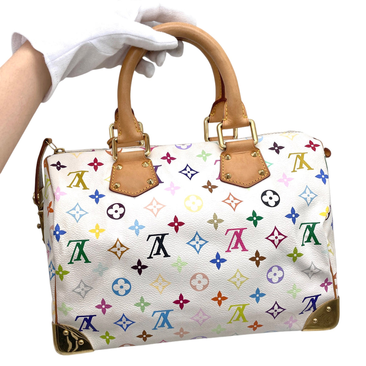 RARE★★★★LOUIS VUITTON 2009 Speedy M92643 White Multicolor PVC and Leather Boston Top Handle Bag Medium White Brown