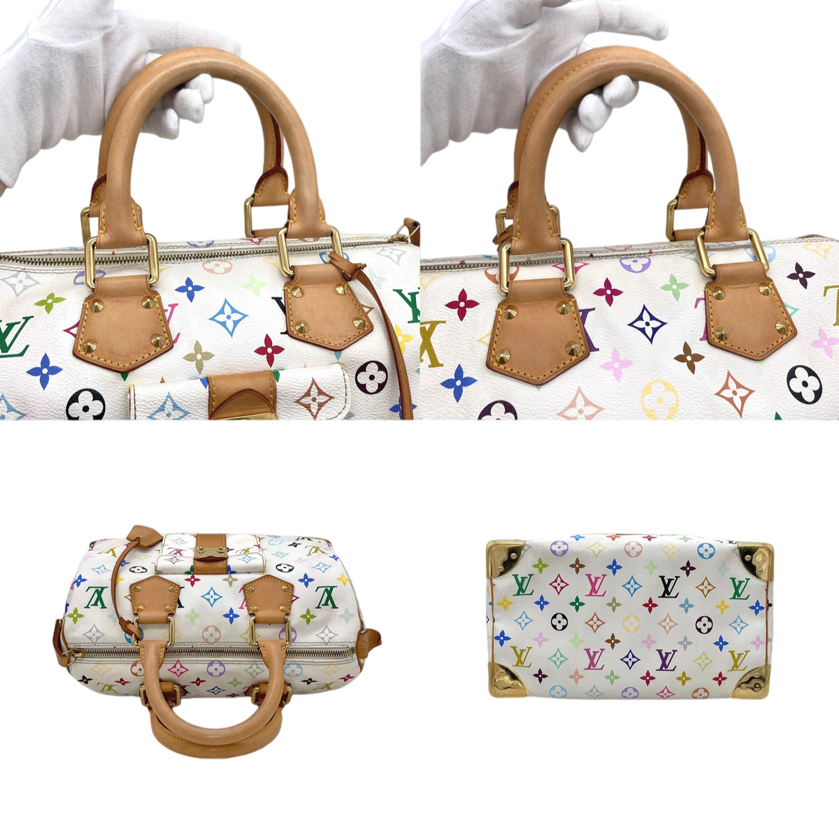 RARE★★★★LOUIS VUITTON 2009 Speedy M92643 White Multicolor PVC and Leather Boston Top Handle Bag Medium White Brown