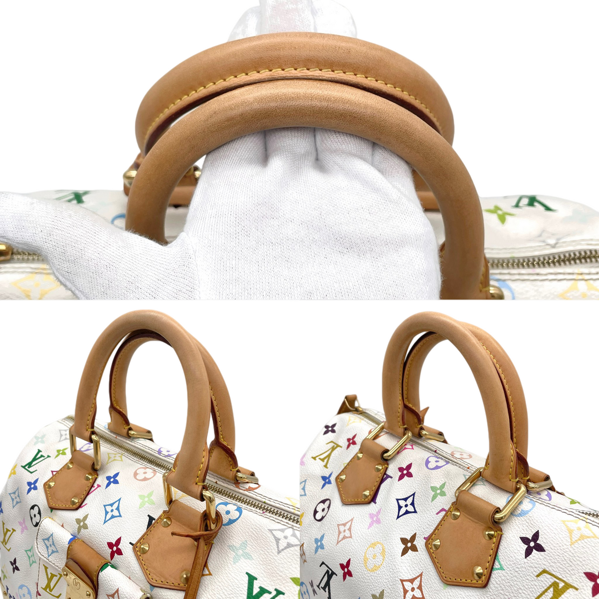 RARE★★★★LOUIS VUITTON 2009 Speedy M92643 White Multicolor PVC and Leather Boston Top Handle Bag Medium White Brown