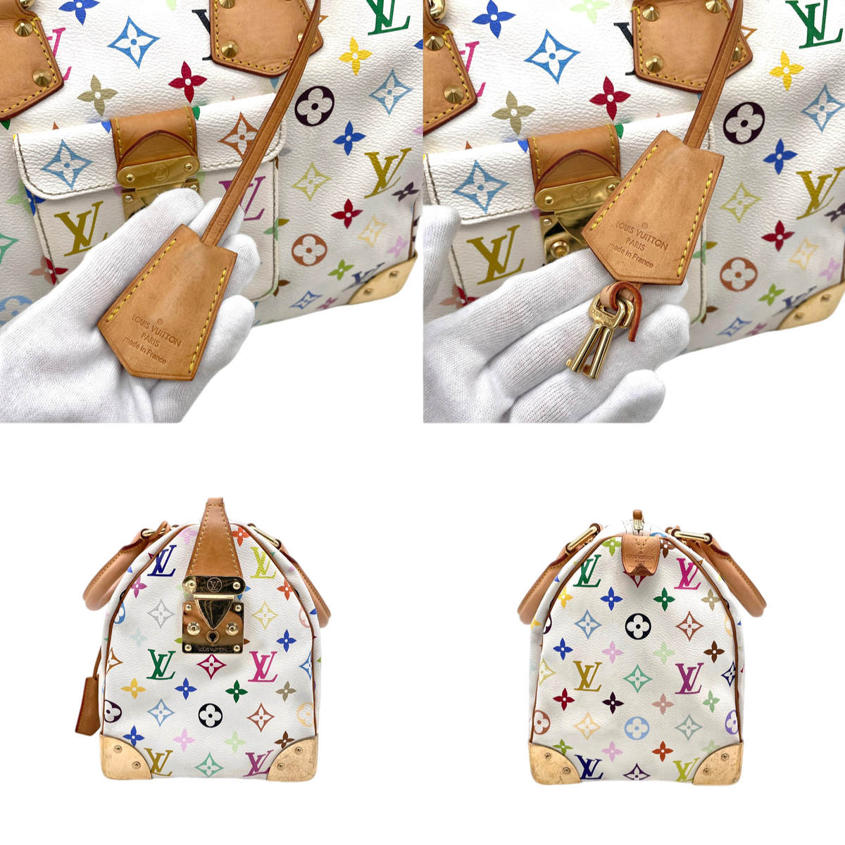 RARE★★★★LOUIS VUITTON 2009 Speedy M92643 White Multicolor PVC and Leather Boston Top Handle Bag Medium White Brown