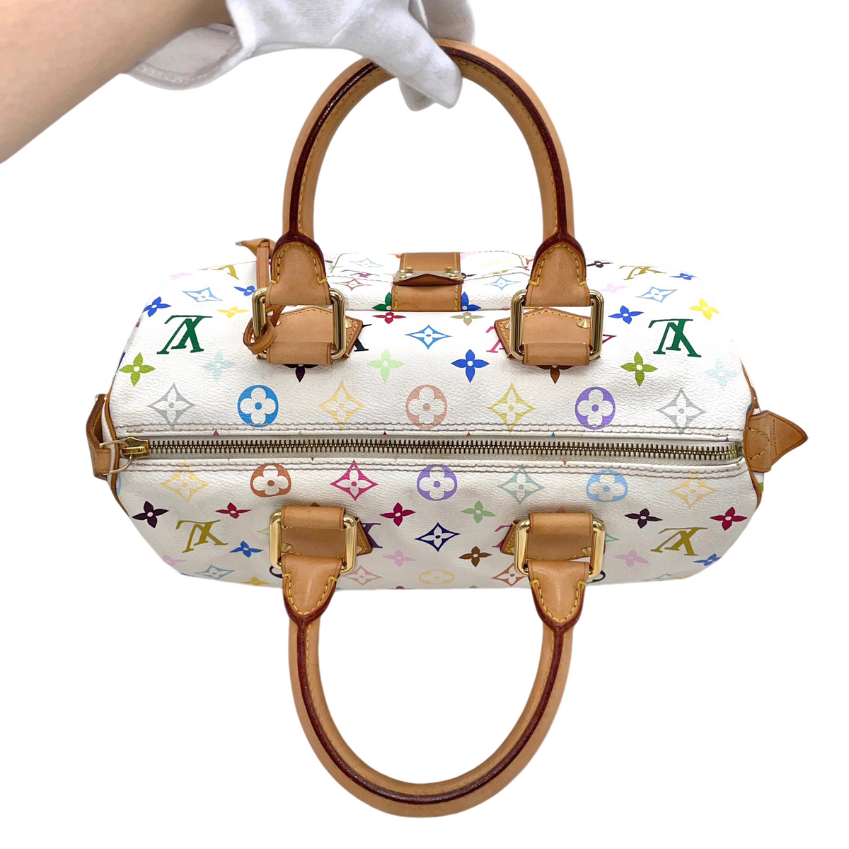 RARE★★★★LOUIS VUITTON 2009 Speedy M92643 White Multicolor PVC and Leather Boston Top Handle Bag Medium White Brown