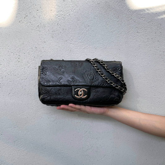 RARE☆☆☆☆☆CHANEL 2014 Icons Double Chain Shoulder Single Flap Bag Black &amp; Silver #