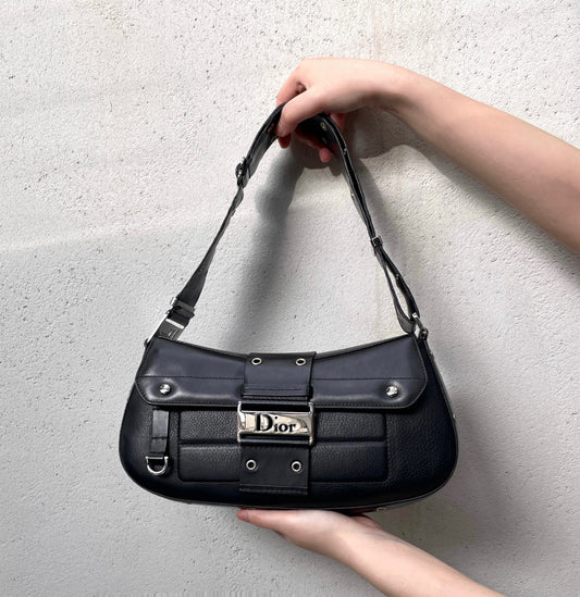 RARE★★★★CHRISTIAN DIOR 2003 Street Chic Leather Hobo Shoulder Flap Bag Medium Black/Silver