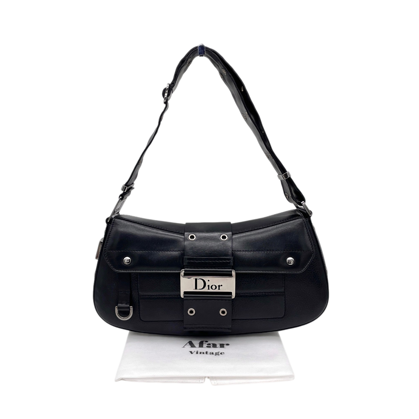 RARE★★★★CHRISTIAN DIOR 2003 Street Chic Leather Hobo Shoulder Flap Bag Medium Black/Silver