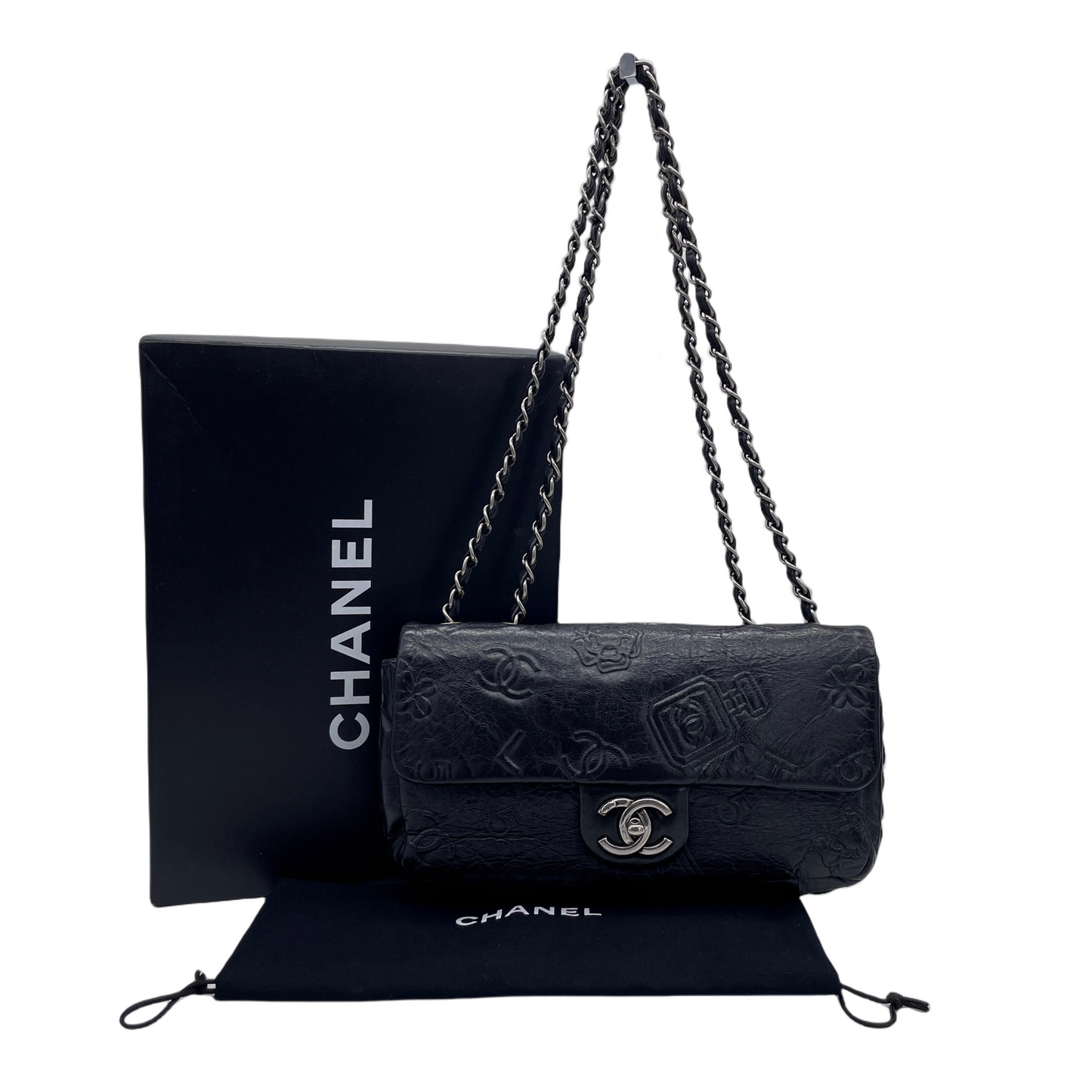 RARE☆☆☆☆☆CHANEL 2014 Icons Double Chain Shoulder Single Flap Bag Black &amp; Silver #