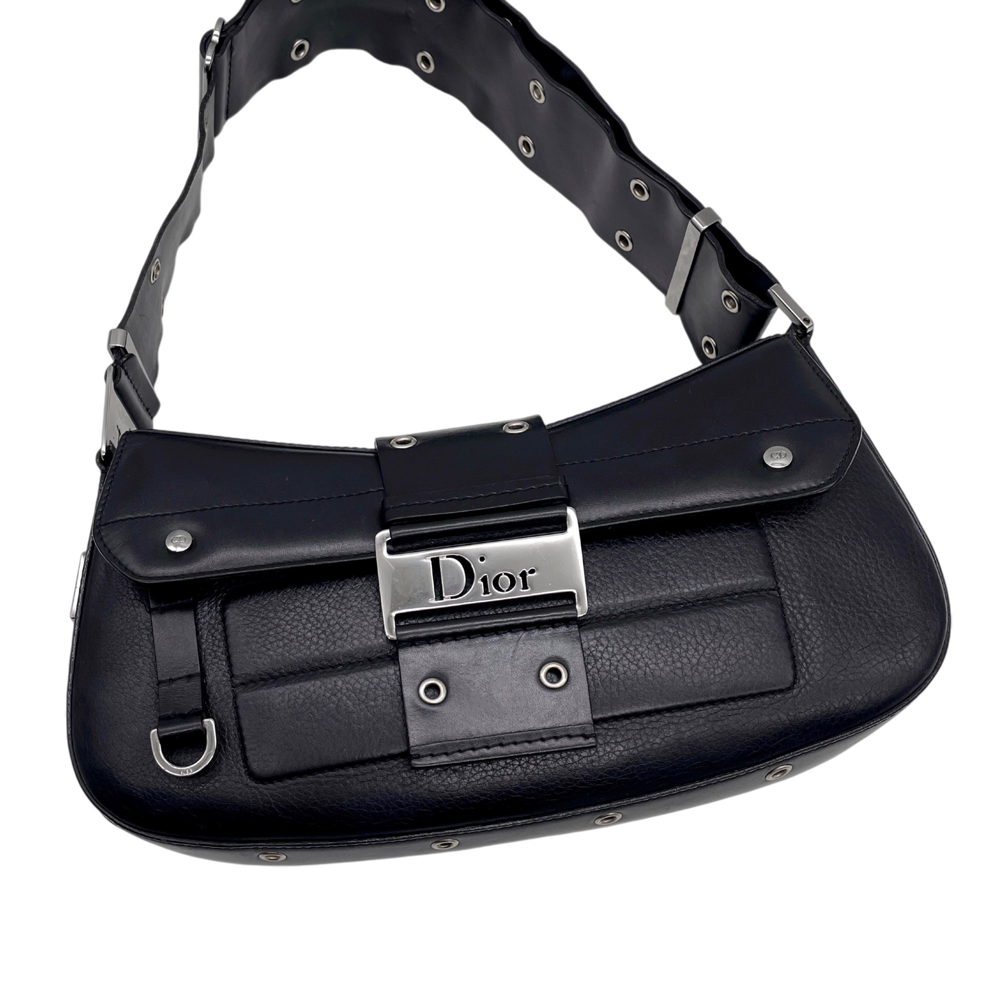 RARE★★★★CHRISTIAN DIOR 2003 Street Chic Leather Hobo Shoulder Flap Bag Medium Black/Silver