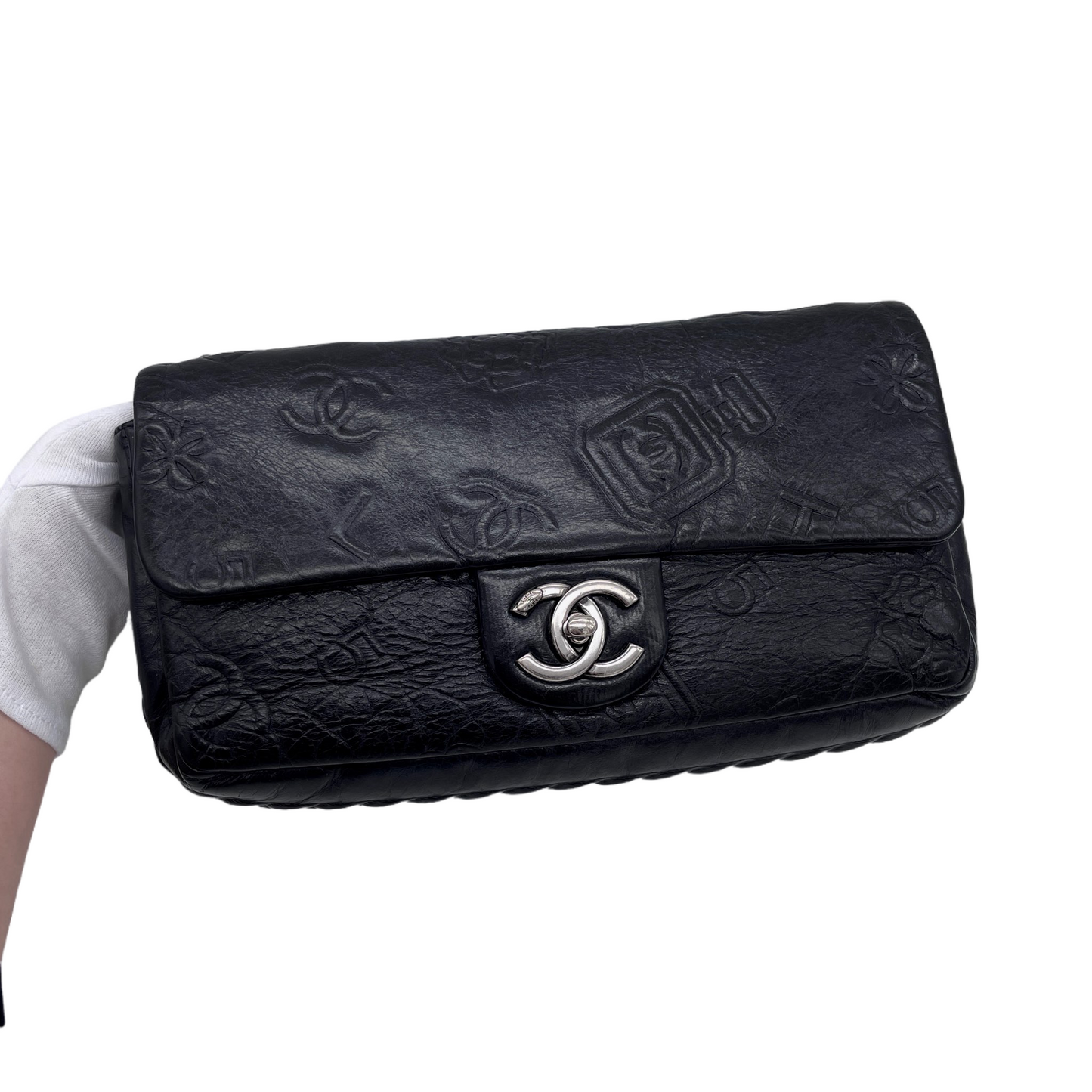 RARE☆☆☆☆☆CHANEL 2014 Icons Double Chain Shoulder Single Flap Bag Black &amp; Silver #