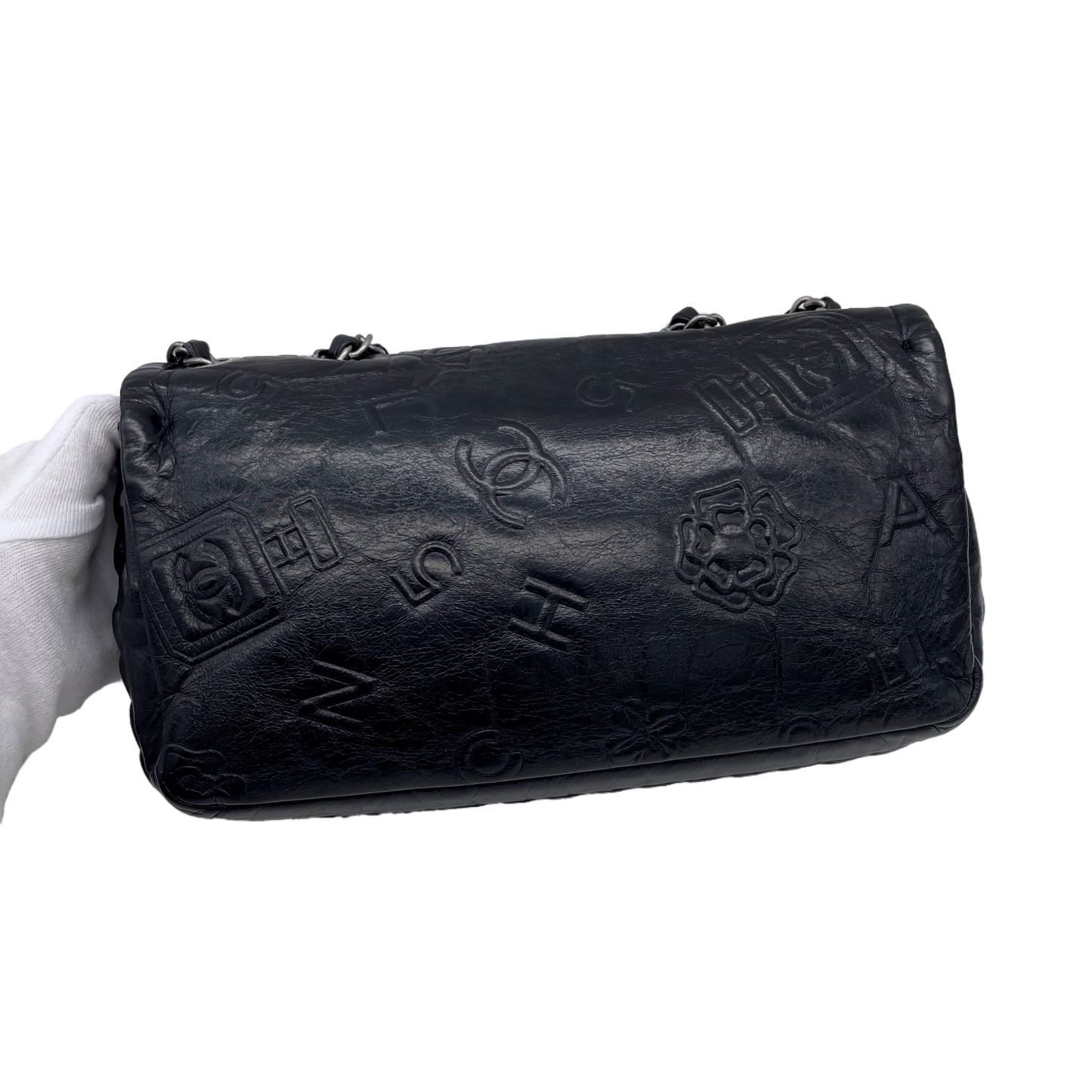 RARE☆☆☆☆☆CHANEL 2014 Icons Double Chain Shoulder Single Flap Bag Black &amp; Silver #