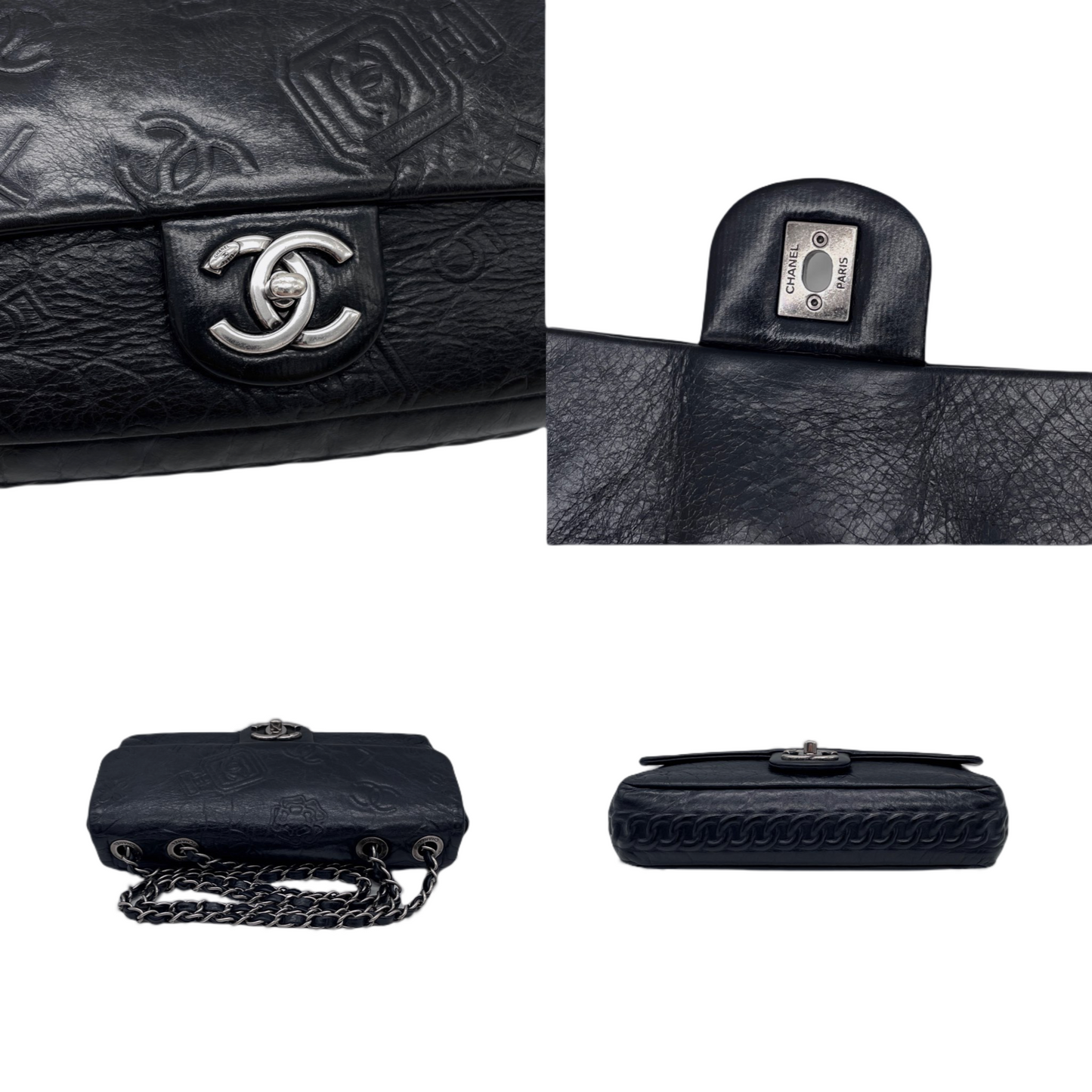 RARE☆☆☆☆☆CHANEL 2014 Icons Double Chain Shoulder Single Flap Bag Black &amp; Silver #