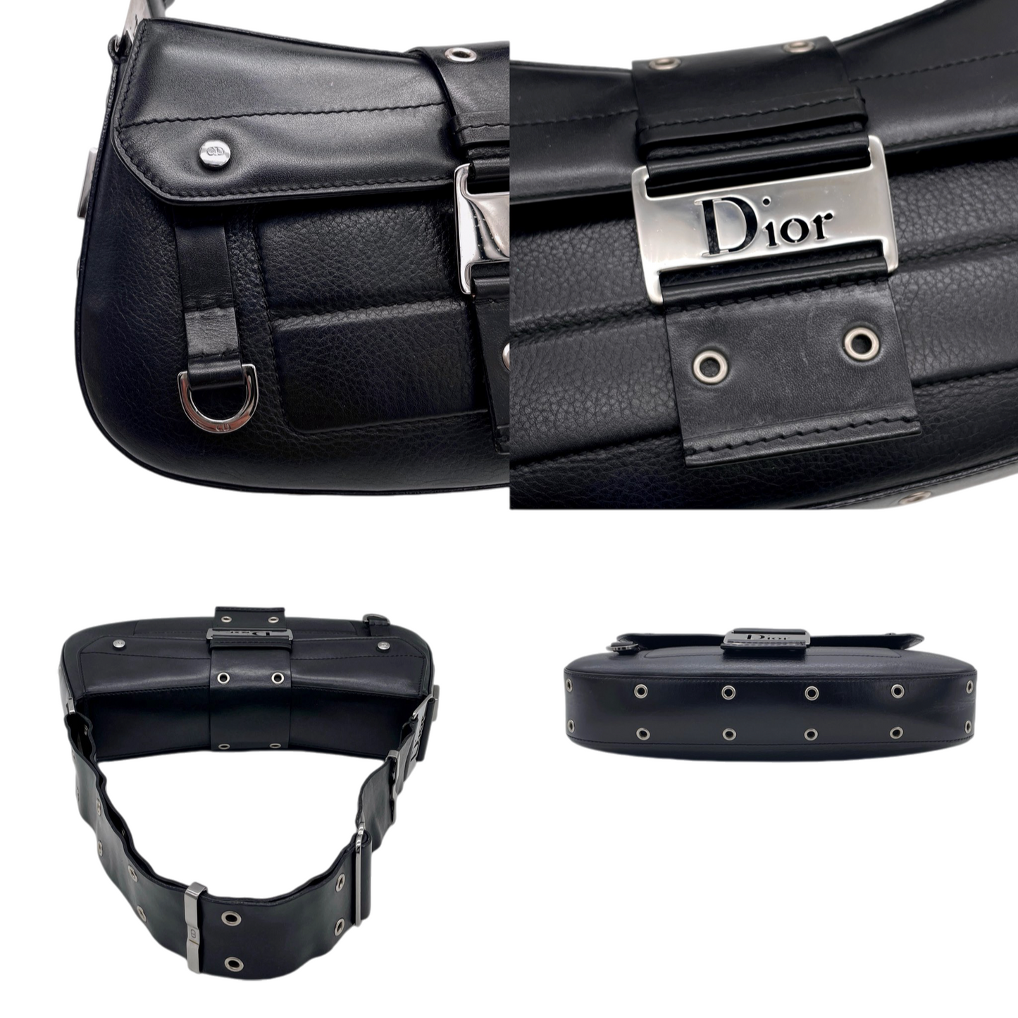 RARE★★★★CHRISTIAN DIOR 2003 Street Chic Leather Hobo Shoulder Flap Bag Medium Black/Silver