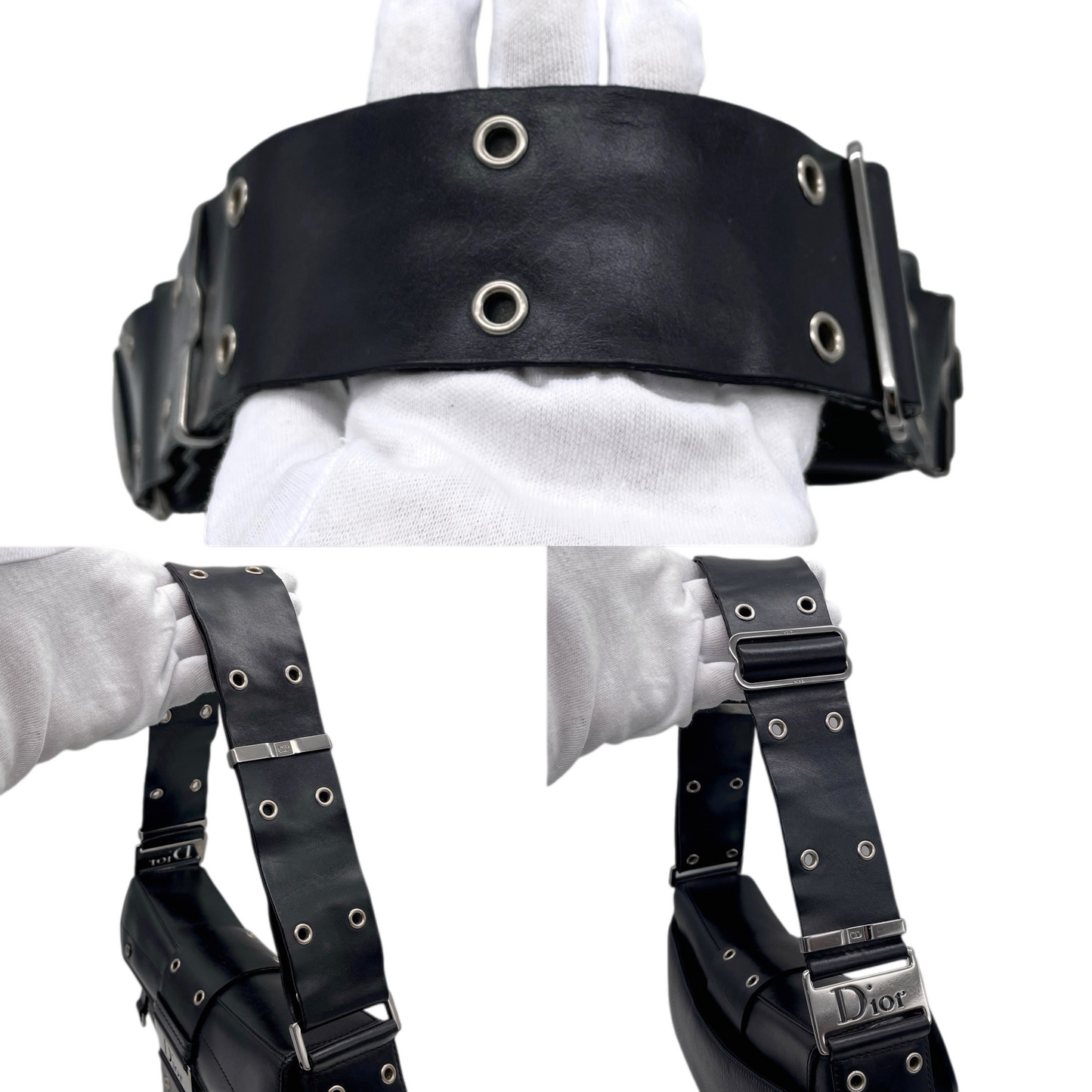 RARE★★★★CHRISTIAN DIOR 2003 Street Chic Leather Hobo Shoulder Flap Bag Medium Black/Silver