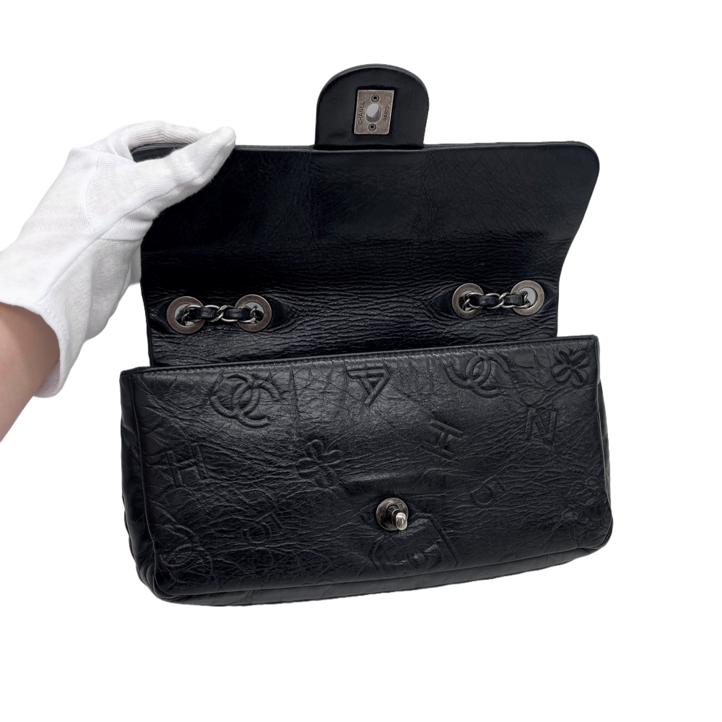 RARE☆☆☆☆☆CHANEL 2014 Icons Double Chain Shoulder Single Flap Bag Black &amp; Silver #