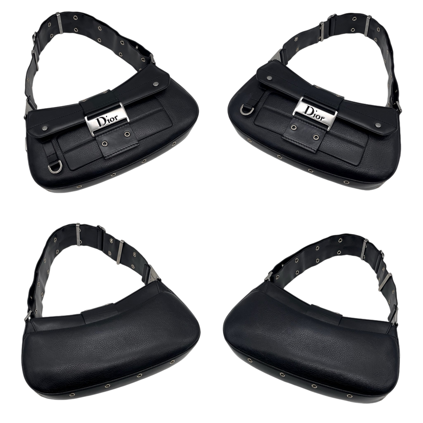 RARE★★★★CHRISTIAN DIOR 2003 Street Chic Leather Hobo Shoulder Flap Bag Medium Black/Silver