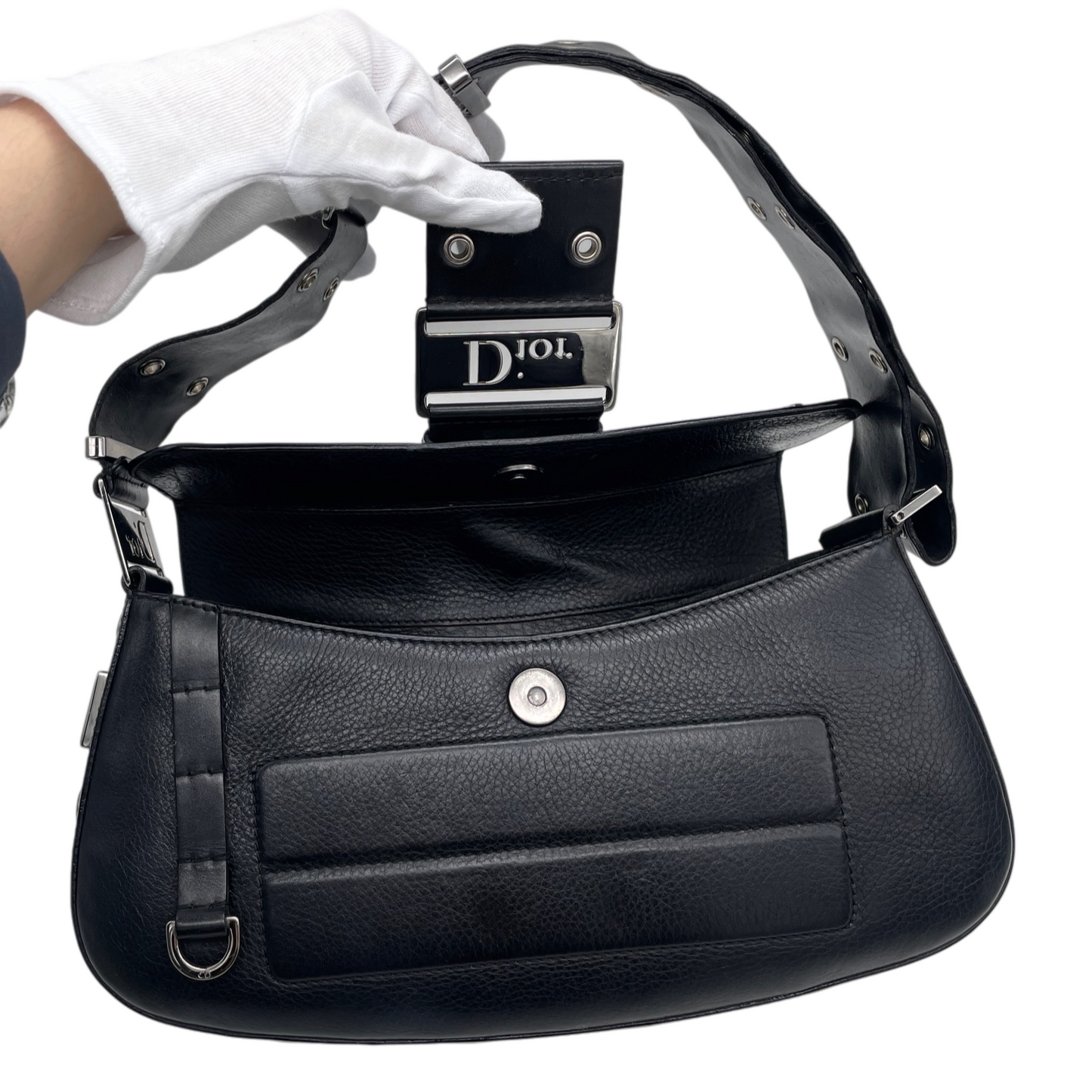 RARE★★★★CHRISTIAN DIOR 2003 Street Chic Leather Hobo Shoulder Flap Bag Medium Black/Silver