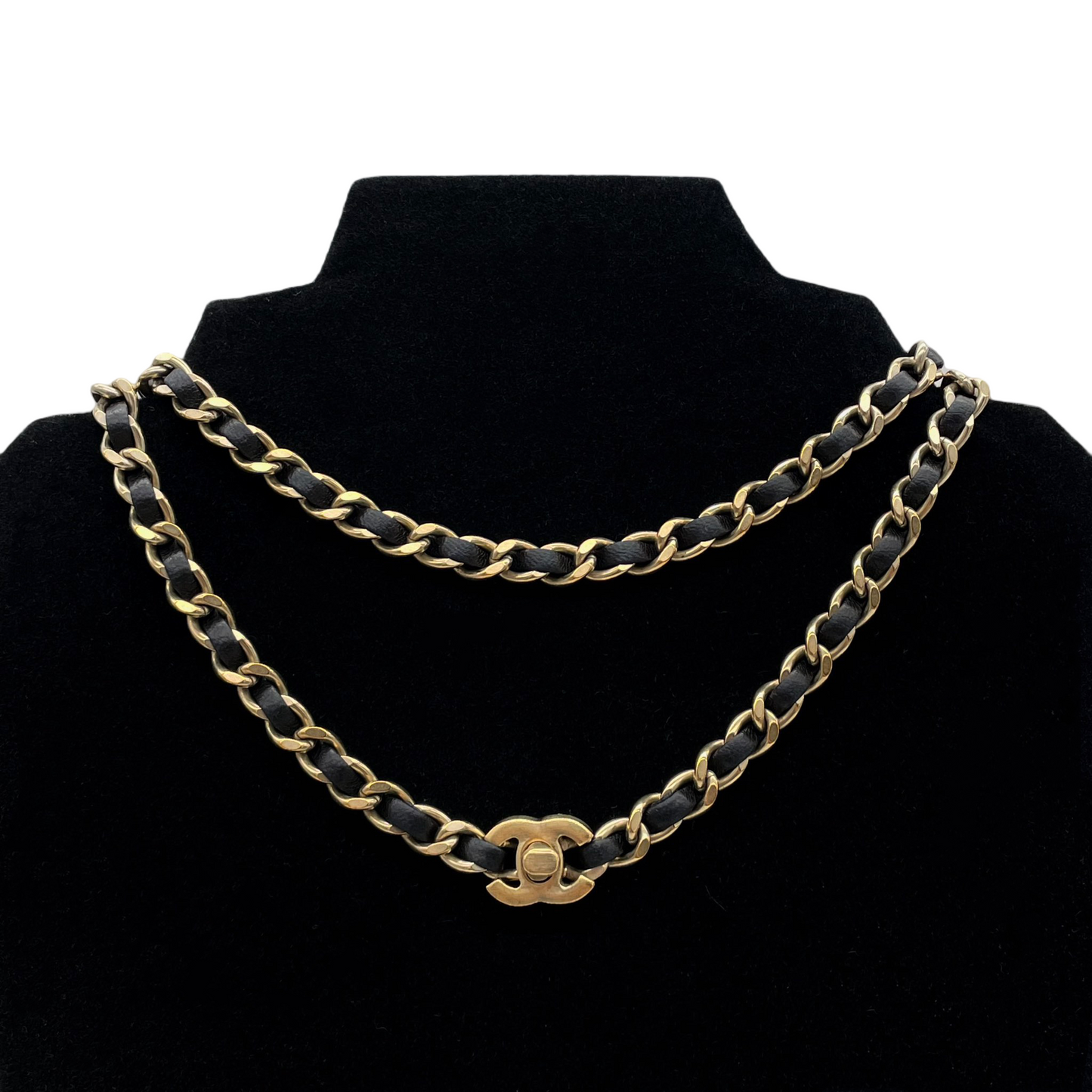 CHANEL Matelassé CC LOGO Trun Lock Necklace &amp; Chain Belt Black &amp; Gold