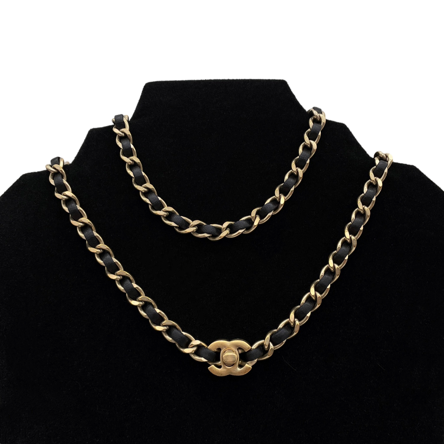 CHANEL Matelassé CC LOGO Trun Lock Necklace &amp; Chain Belt Black &amp; Gold