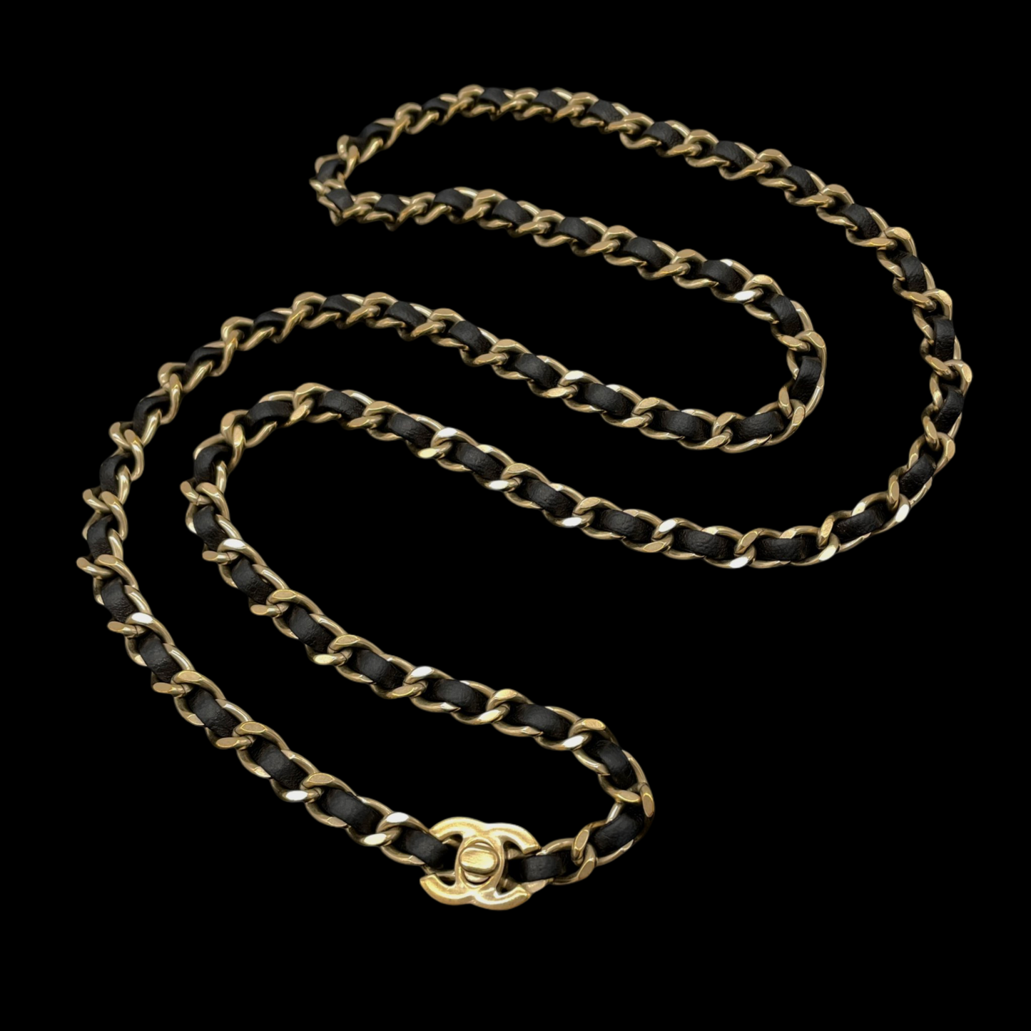 CHANEL Matelassé CC LOGO Trun Lock Necklace &amp; Chain Belt Black &amp; Gold