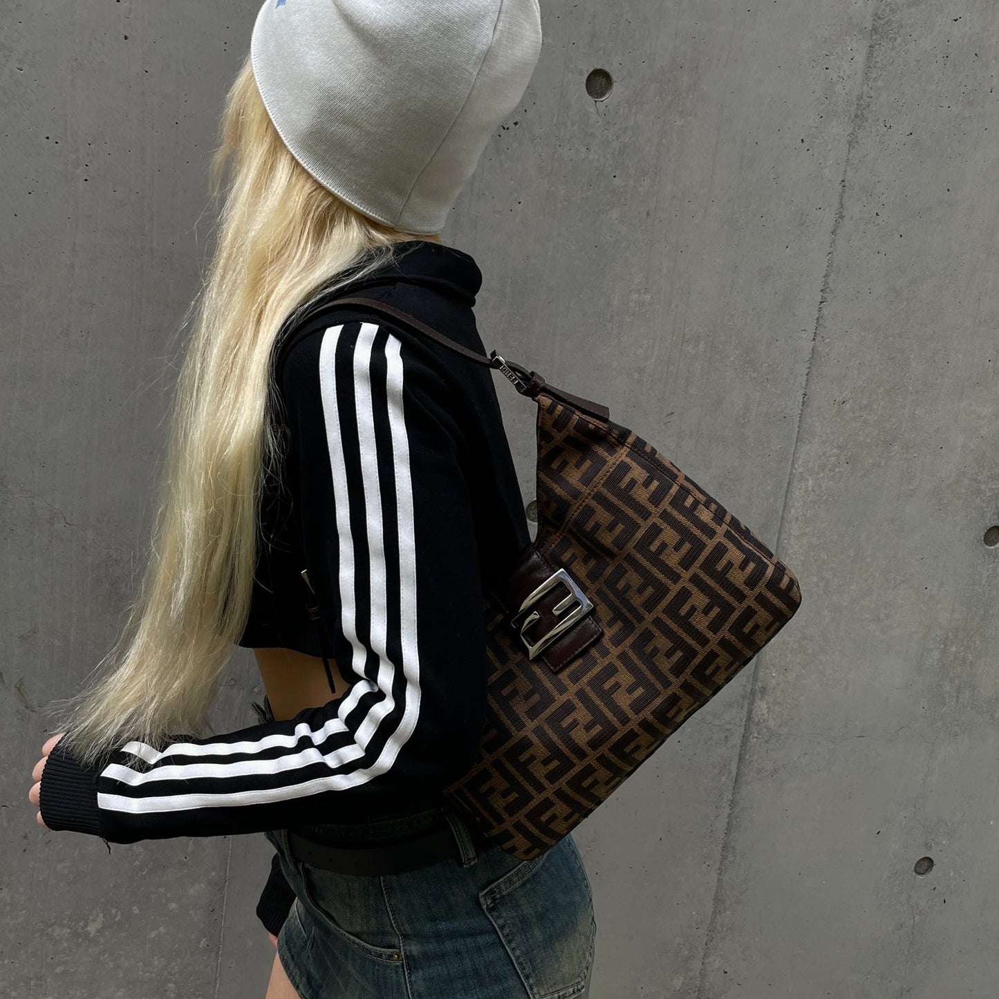 FENDI Zucca Canvas V-Shaped Mamma Baguette Shoulder Bag Brown &amp; Silver