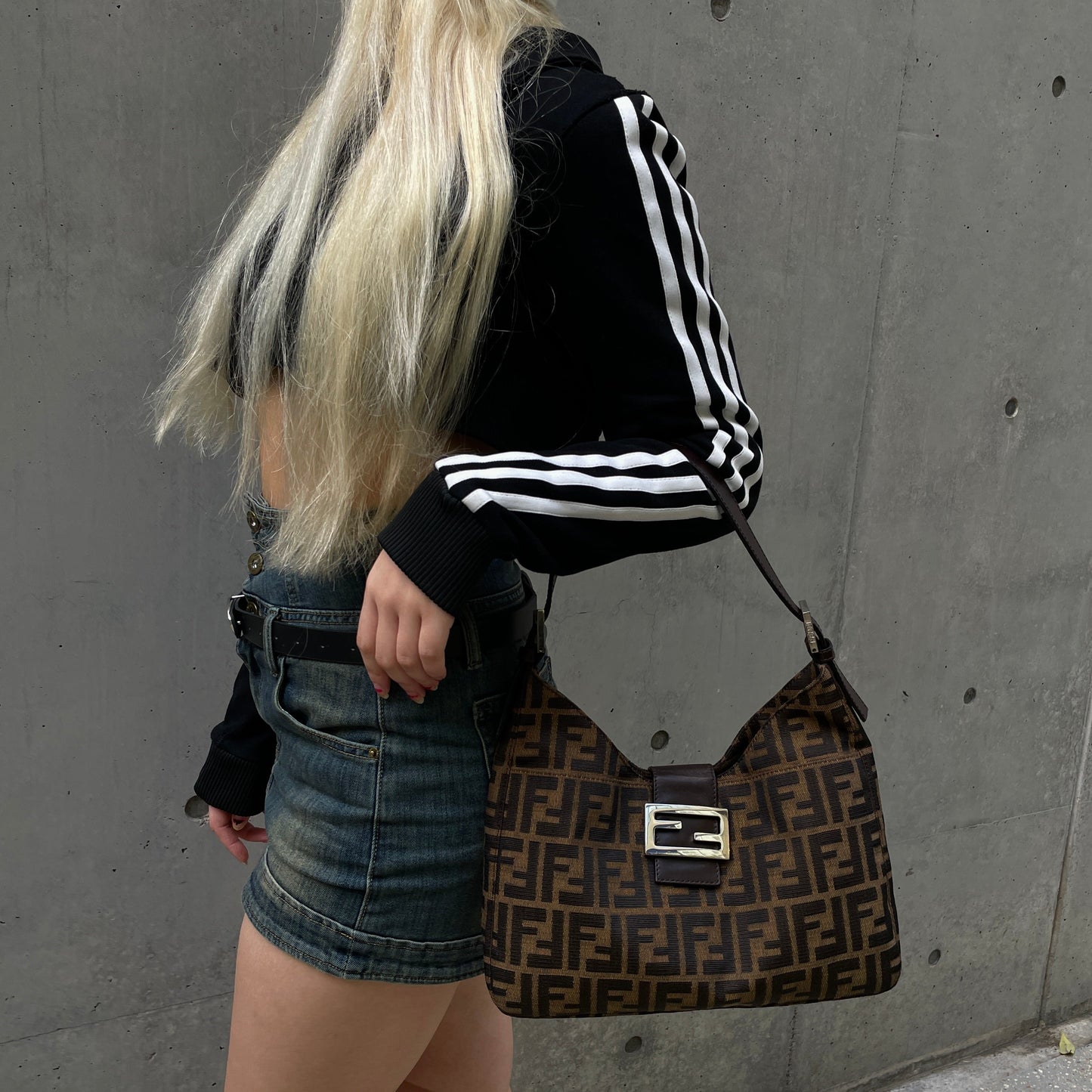 FENDI Zucca Canvas V-Shaped Mamma Baguette Shoulder Bag Brown &amp; Silver