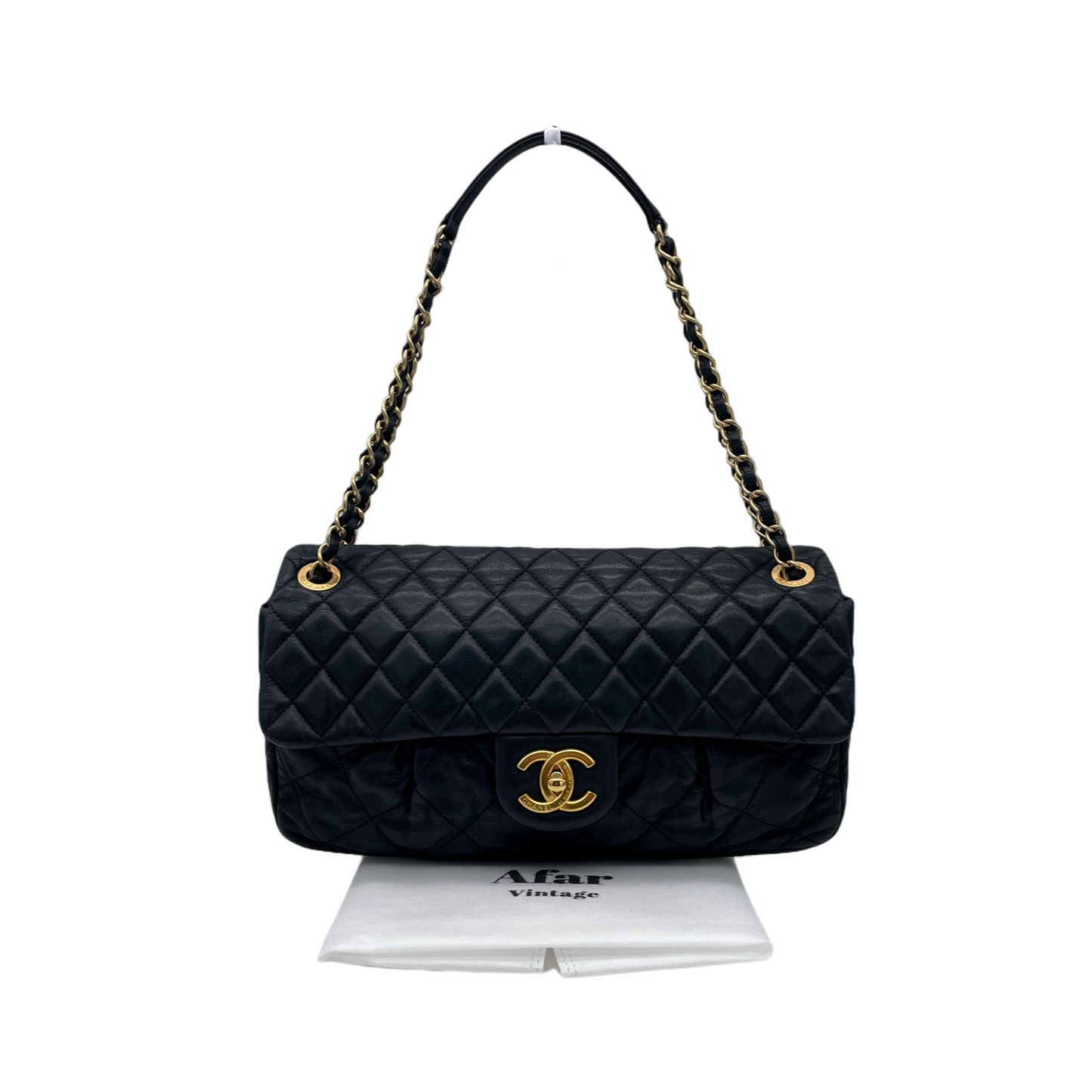 RARE☆☆☆CHANEL Matelassé CC LOGO Double Chain Single Flap Bag Black &amp; Gold