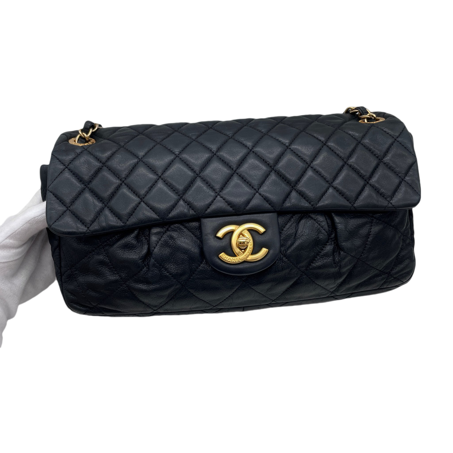 RARE☆☆☆CHANEL Matelassé CC LOGO Double Chain Single Flap Bag Black &amp; Gold