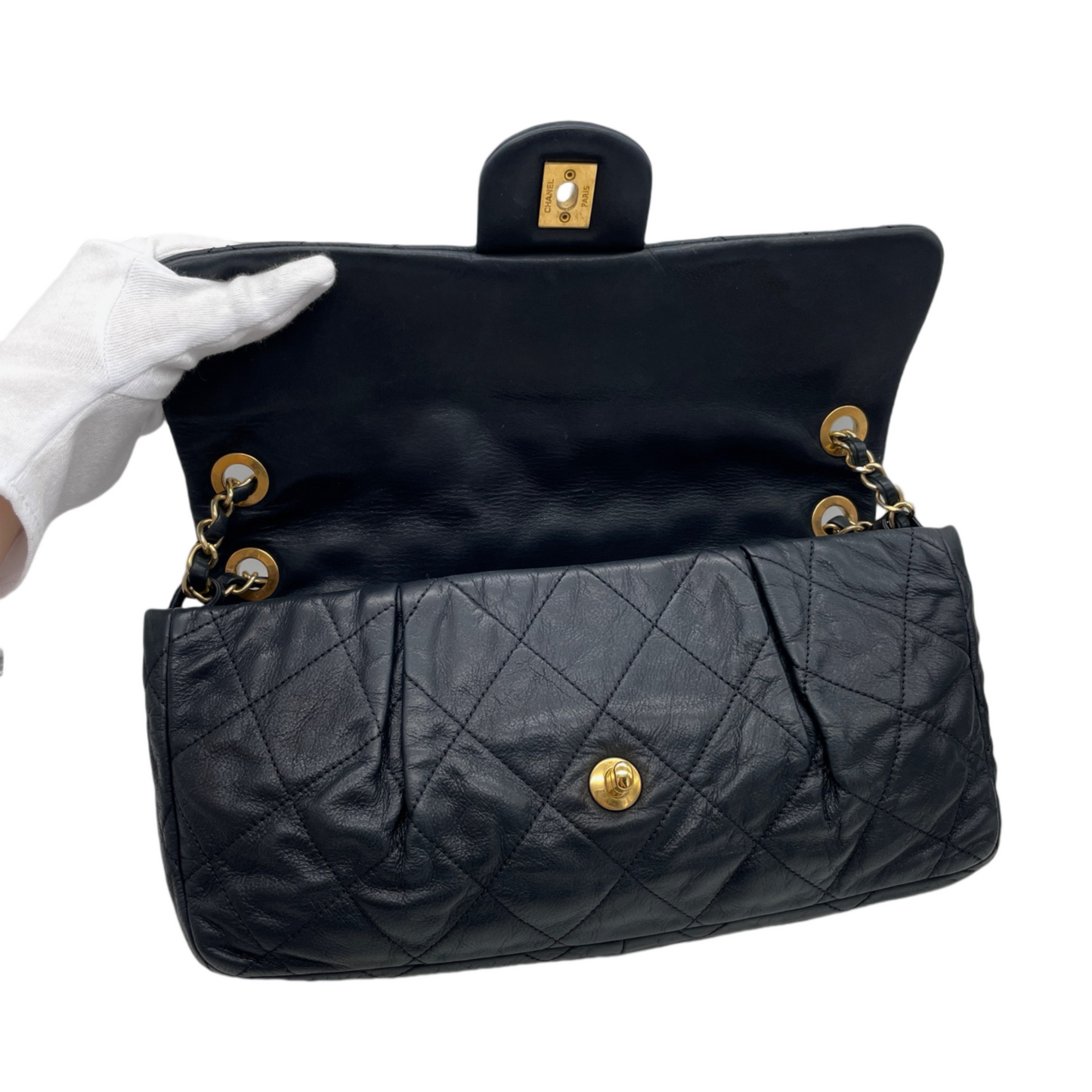 RARE☆☆☆CHANEL Matelassé CC LOGO Double Chain Single Flap Bag Black &amp; Gold