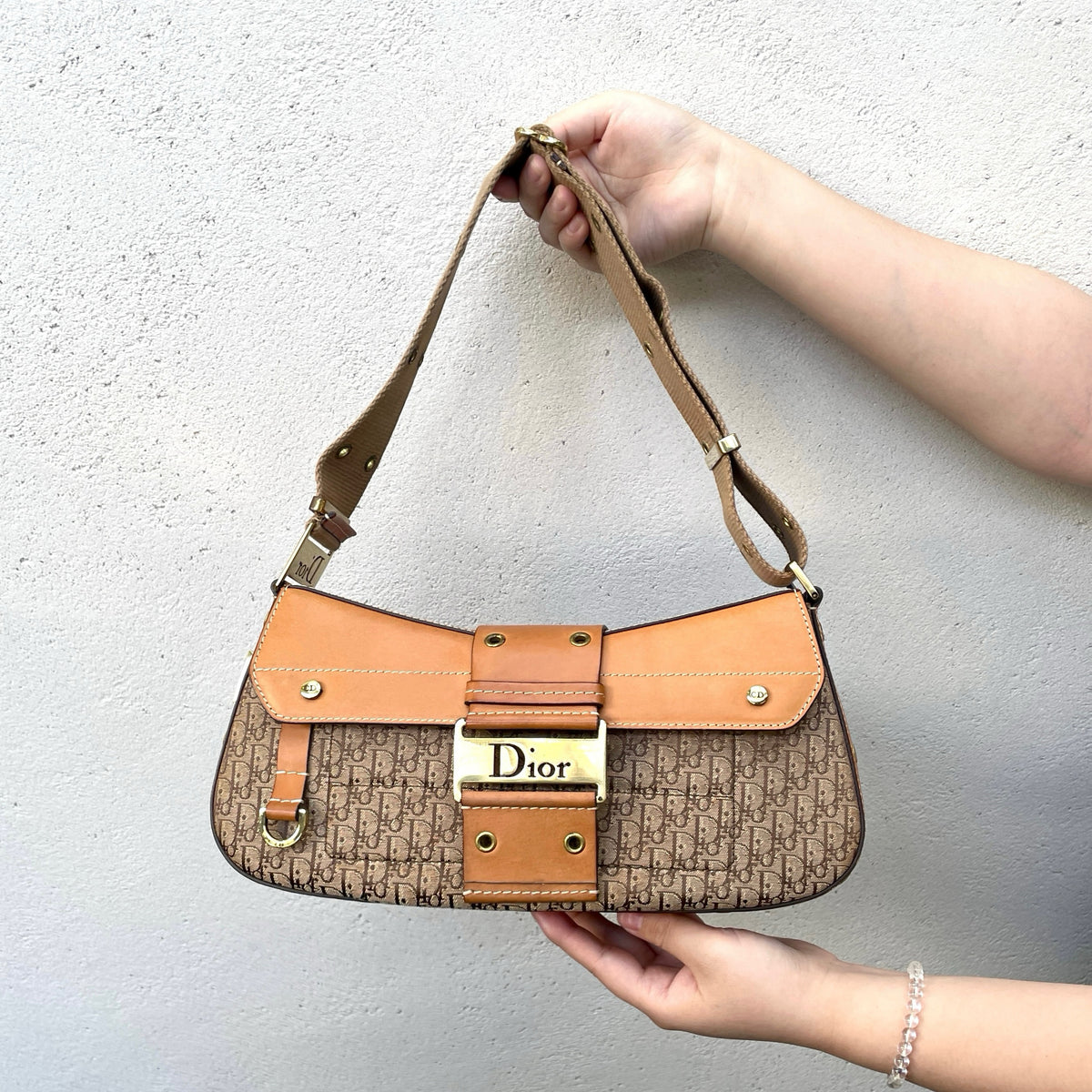 RARE★★★CHRISTIAN DIOR 2002 Street Chic Trotter Leather Canvas Punk Columbus Shoulder Bag Medium Brown Gold