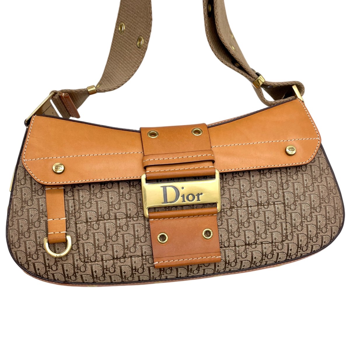 RARE★★★CHRISTIAN DIOR 2002 Street Chic Trotter Leather Canvas Punk Columbus Shoulder Bag Medium Brown Gold