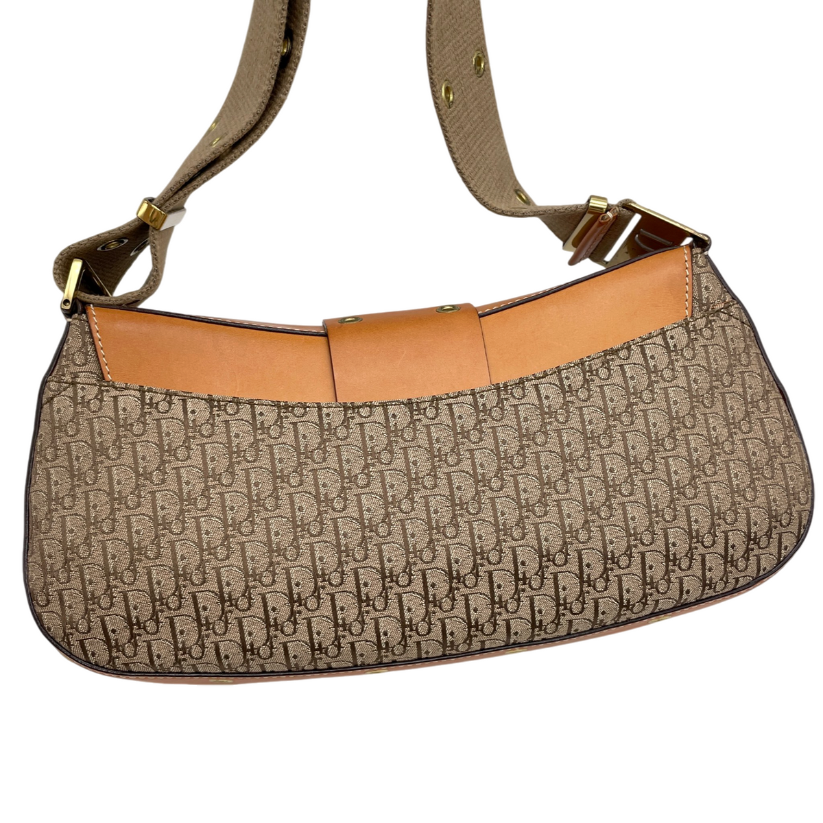 RARE★★★CHRISTIAN DIOR 2002 Street Chic Trotter Leather Canvas Punk Columbus Shoulder Bag Medium Brown Gold