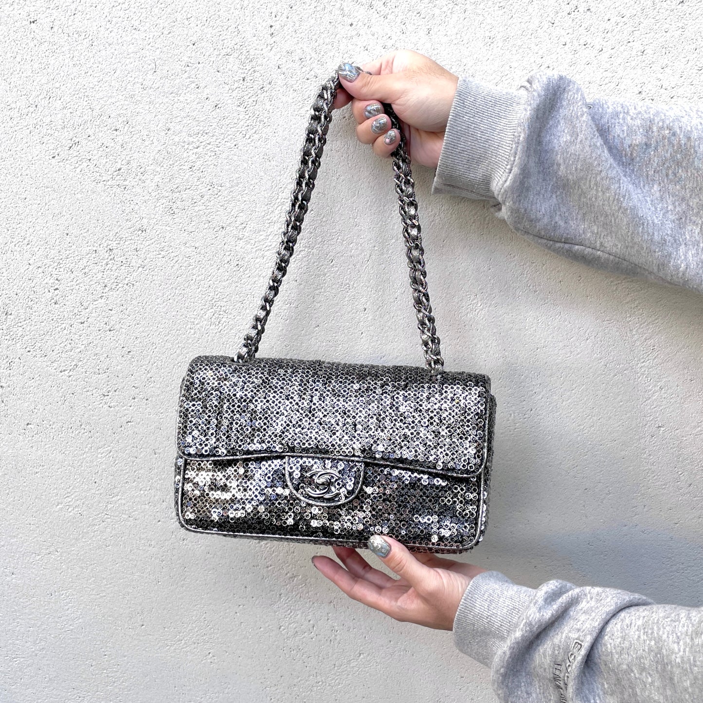 RARE☆☆☆☆☆ CHANEL Sequin Double Chain Shoulder Single Flap Bag