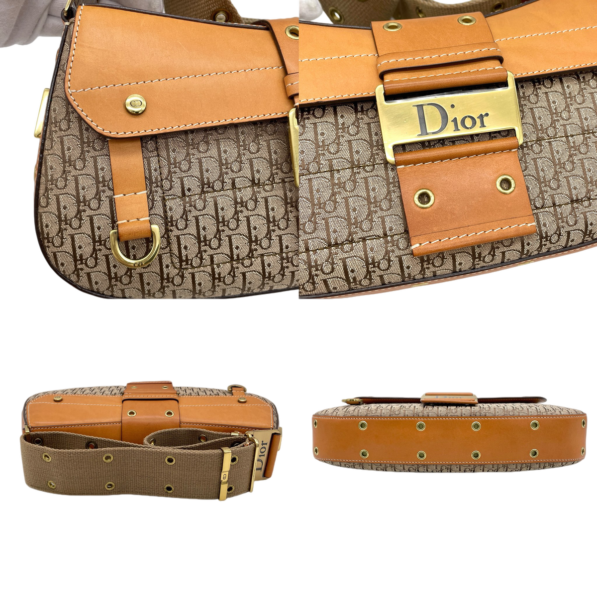 RARE★★★CHRISTIAN DIOR 2002 Street Chic Trotter Leather Canvas Punk Columbus Shoulder Bag Medium Brown Gold