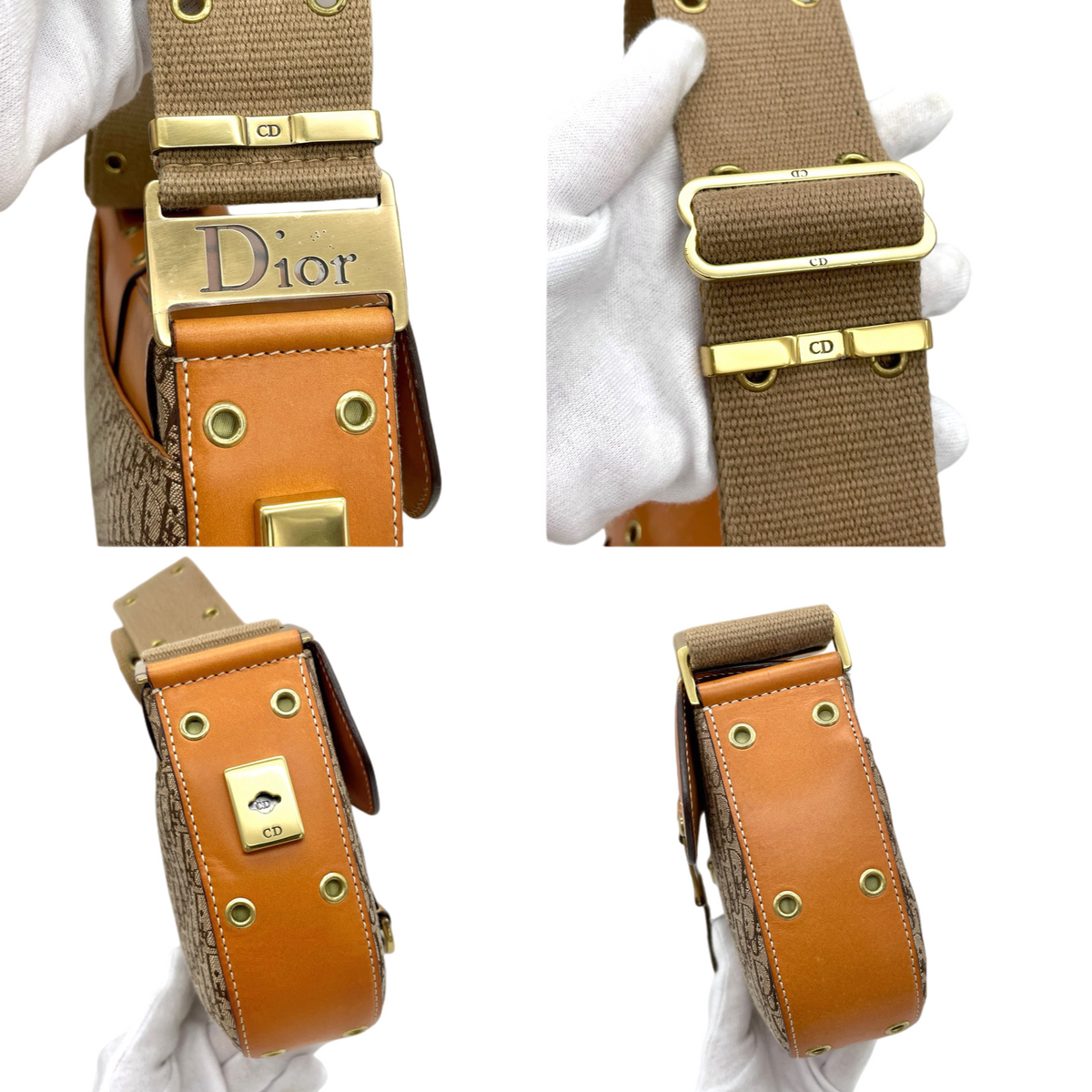 RARE★★★CHRISTIAN DIOR 2002 Street Chic Trotter Leather Canvas Punk Columbus Shoulder Bag Medium Brown Gold